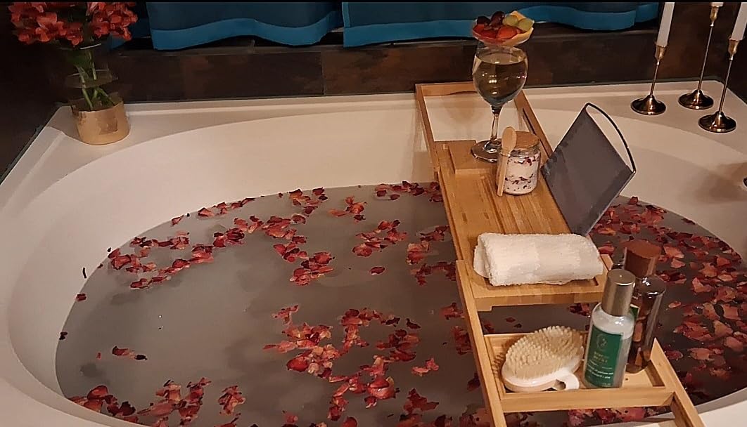 Bamboo Bathtub Tray Caddy, Foldable Bath Tray for Tub | Expandable Bath Table Trays, Bathtub & Bathroom Accessories for New Home/Mothers Day/Birthday Gifts for Couples, Natural customer photo 2
