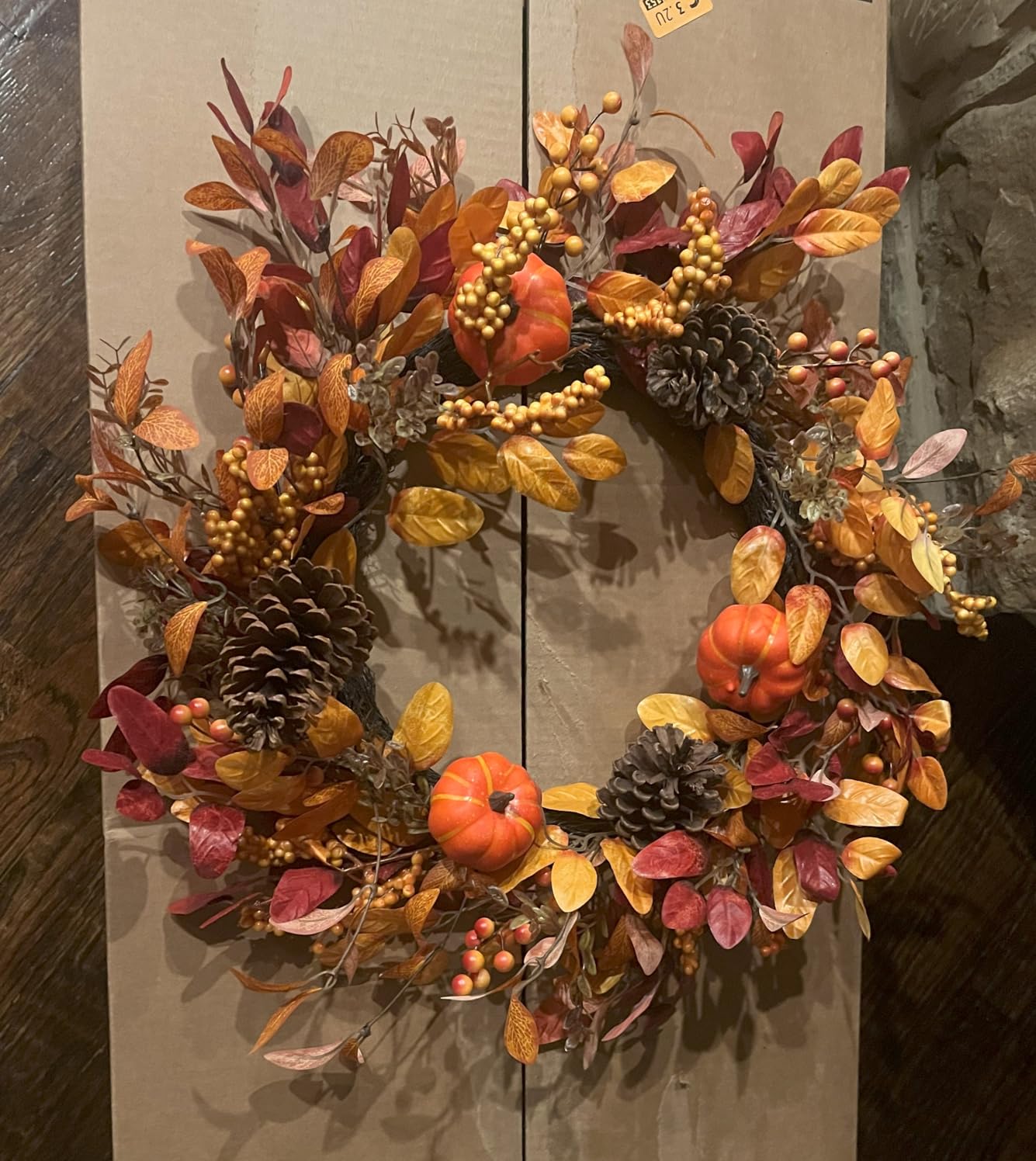 26 Inch Large Foldable Fall Wreath for Front Door with Lights & Timer, Autumn Pumpkin Wreaths Eucalyptus Leaves Pinecones Berries for Porch Outdoor Indoor Thanksgiving Decorations Outdoor Indoor Decor customer photo 2