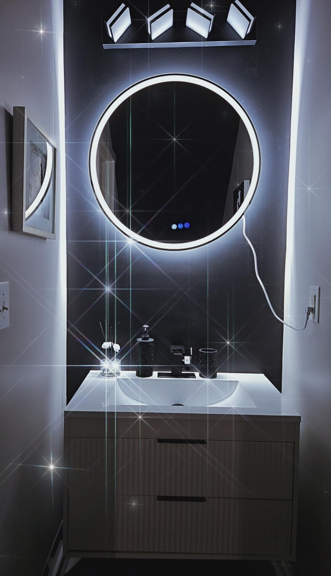 24 Inches Modern MDF Bathroom Vanity with Sink, Wall Mounted Floating Cabinets w/Double Drawers, Black Handles, White Resin Sink Combo Set (Black, 24