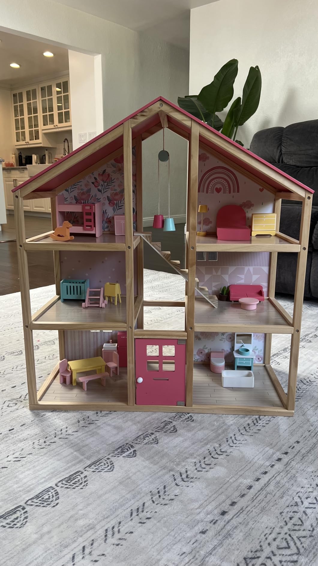 Tiny Land Wooden Dollhouse for Girls - 6 Rooms Wooden Doll House | DIY Pretend Doll House with 31Pcs Furniture Accessories, Creative Gift for Girl Ages 3+, Green customer photo 1