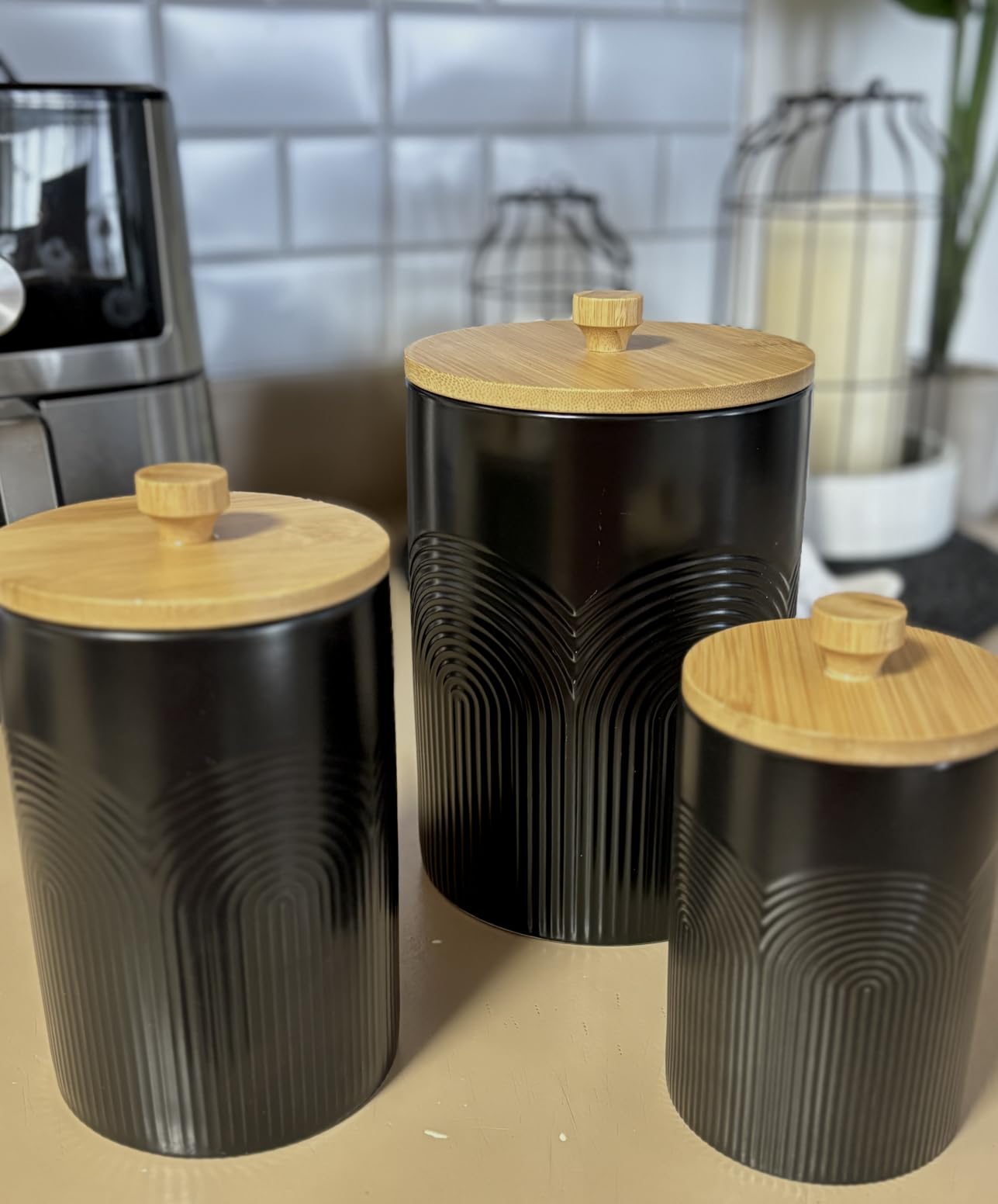 Ceramic Kitchen Canisters for Countertop Set of 3 w/ Airtight Bamboo Lids | Thick Sturdy Ceramic, Matte Finish, Airtight Easy Open Bamboo Lids, Comfortable Bamboo Handles, Jar Volumes: 2, 1, 0.5 quarts customer photo 1
