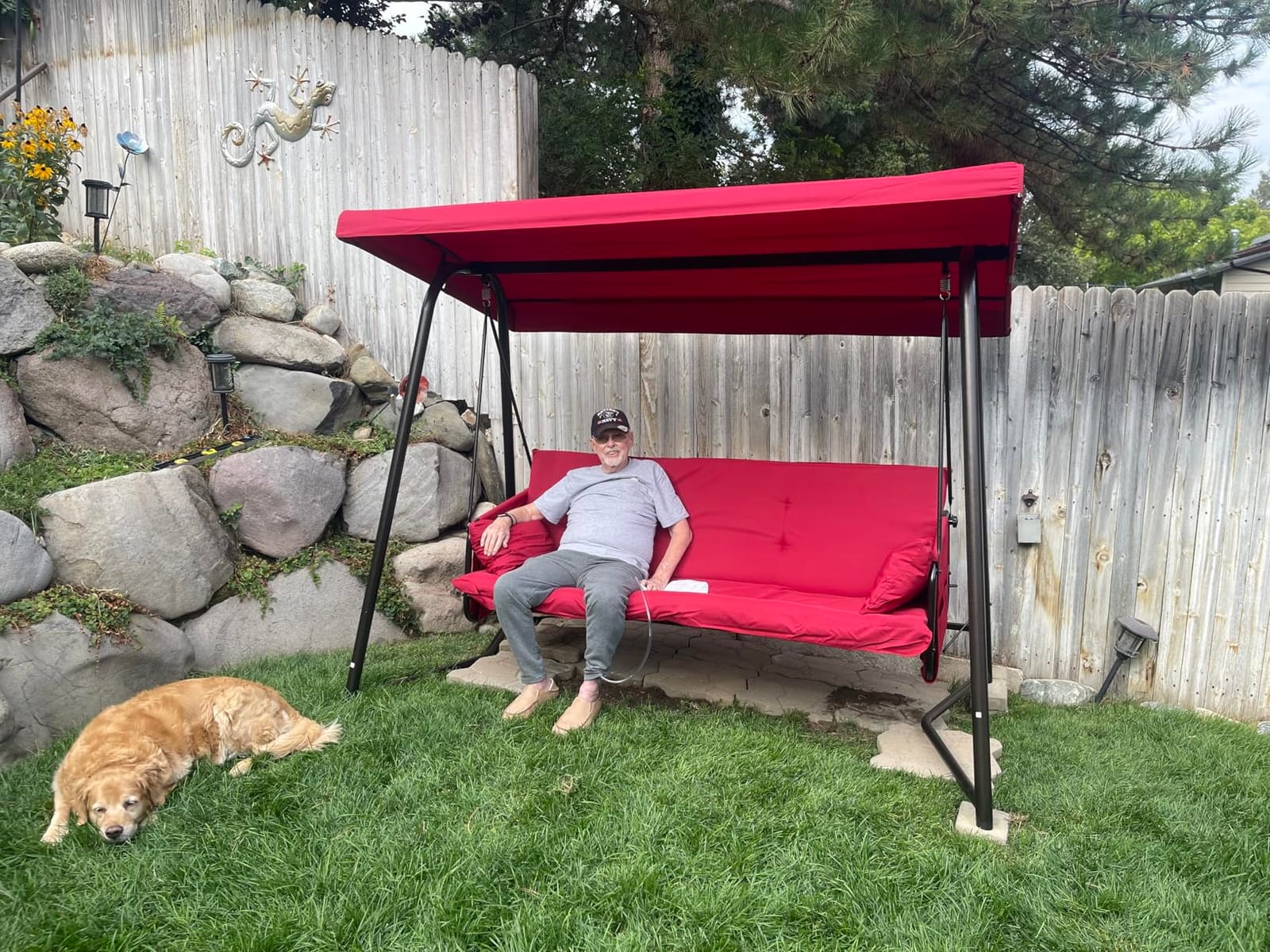 3-4 Seat Oversized Outdoor Porch Swing with Adjustable Backrest Canopy, 2-in 1 Swing Bed 800 lbs Capacity, Patio Swing Chair with Removable Cushions for Yard Garden Poolside Balcony customer photo 2