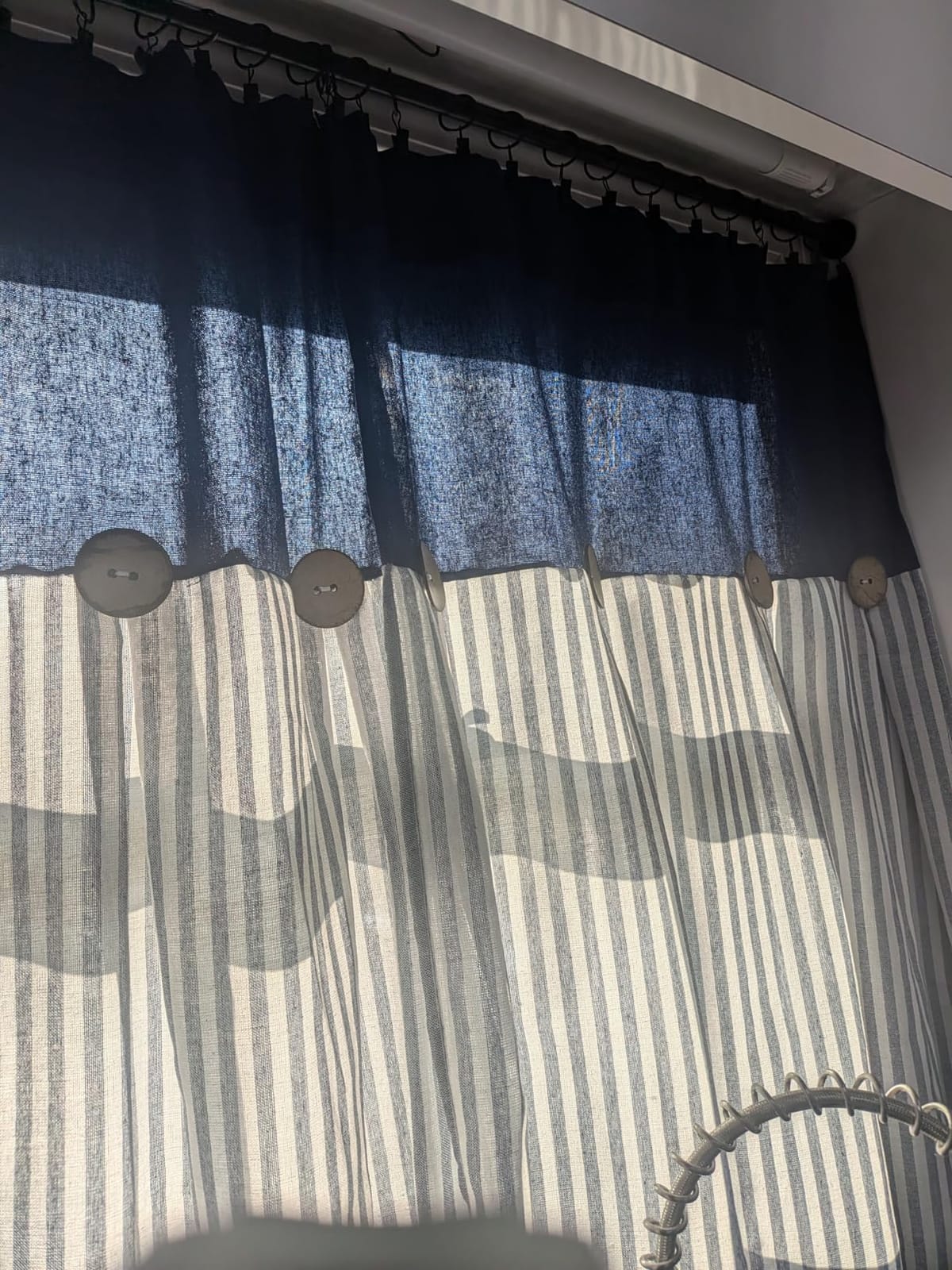 ASPMIZ Cotton Linen Kitchen Valance Curtains, Boho Rustic Button Linen Valances for Windows Farmhouse, Black with Grey Stripe Valance Window Topper Treatment Window Valances for Bathroom, 52 x 18 Inch customer photo 1