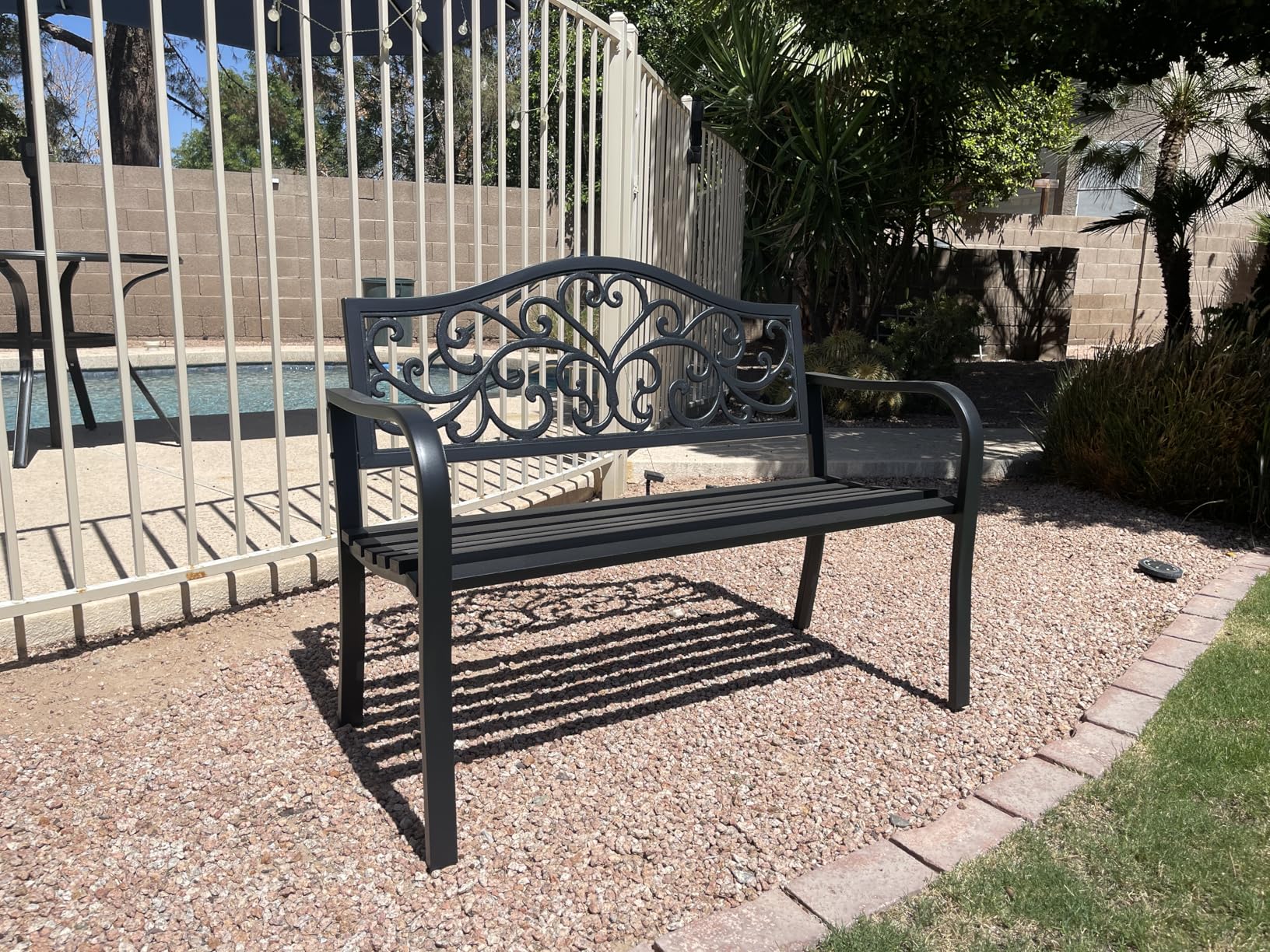 PHI VILLA 43 Inches Cast Iron Steel Frame Outdoor Garden Bench, Black | Weatherproof E-coating Floral Design Backrest, Patio Furniture Chair Bench, Slatted Seat for Patio, Park, Yard and Porch customer photo 1