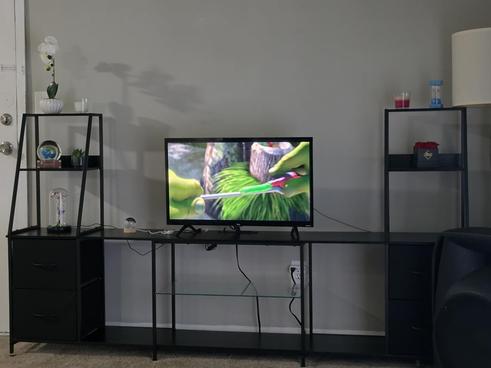 Casaottima TV Stand for 40/50/55 Inch TV, Low-Profile Entertainment Center with LED Lights & Power Outlets, TV Stand with Drawers & Open Shelves for Storage for Small Spaces/Living Room/Gaming, Black customer photo 1