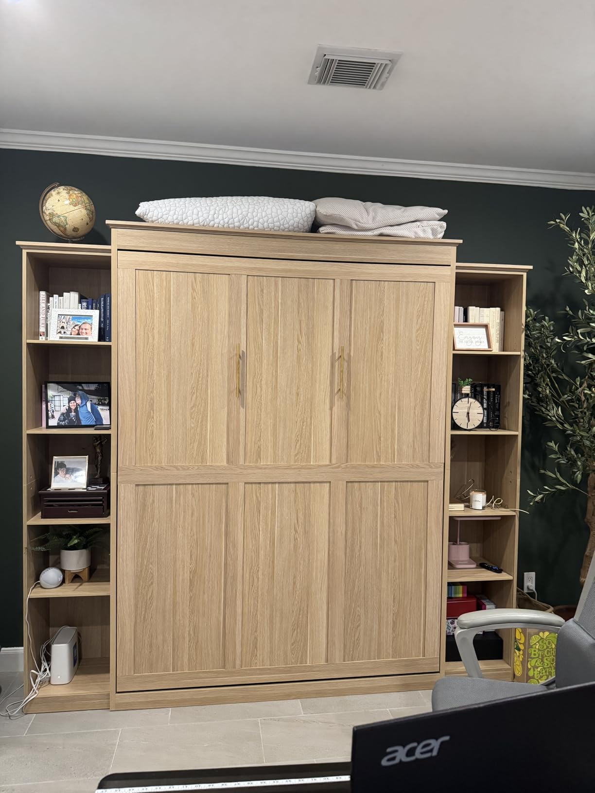 Rophefx Queen Murphy Bed Cabinet with 5-Tier Shelves, Wood Wall Bed, Grey | Foldable queen wall bed with five adjustable storage shelves saves floor space while adding practical storage to guest rooms customer photo 1