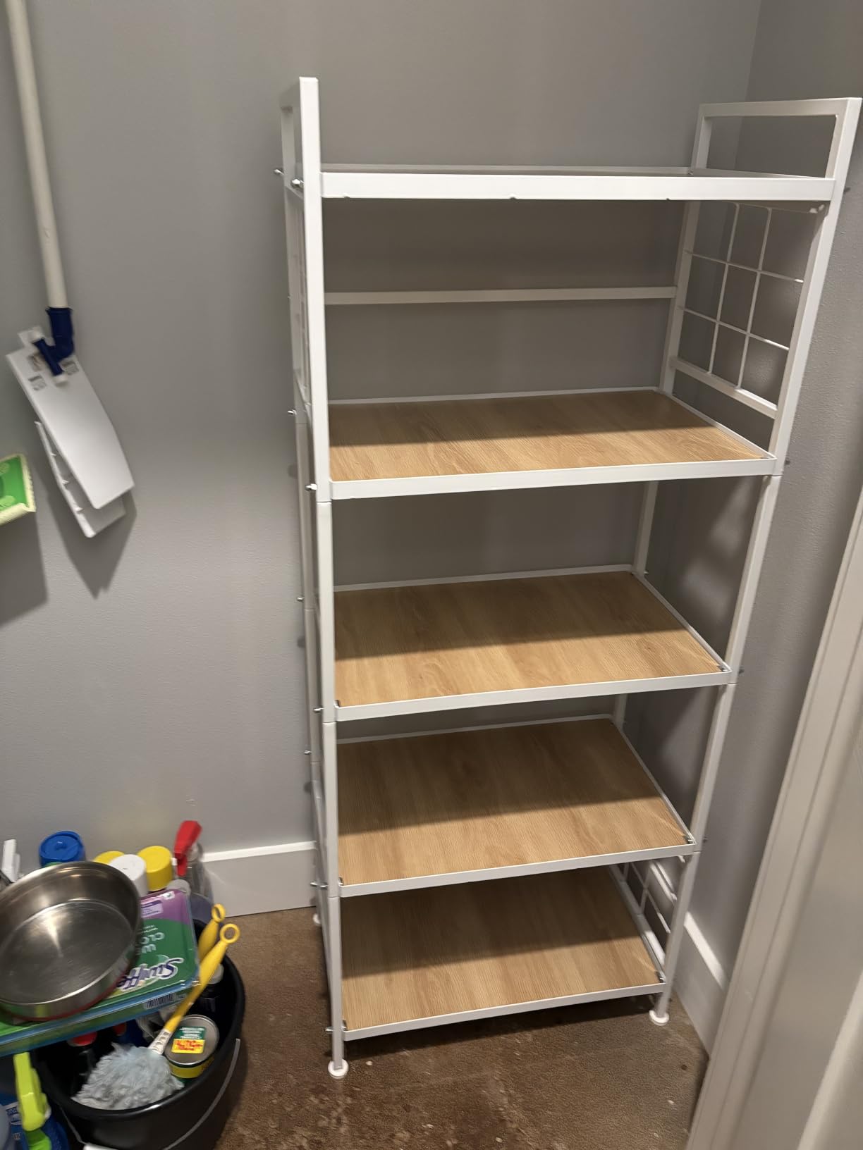 GIOTORENT 5-Tier Pantry Shelves with Wooden Boards, Heavy Duty Storage Shelves and Book Shelf, Adjustable Metal Shelving Unit for Kitchen Bathroom Laundry Organizer, Sturdy Rust-Resistant, White customer photo 1