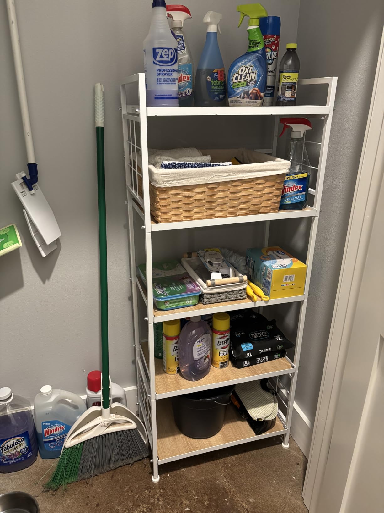 GIOTORENT 5-Tier Pantry Shelves with Wooden Boards, Heavy Duty Storage Shelves and Book Shelf, Adjustable Metal Shelving Unit for Kitchen Bathroom Laundry Organizer, Sturdy Rust-Resistant, White customer photo 2