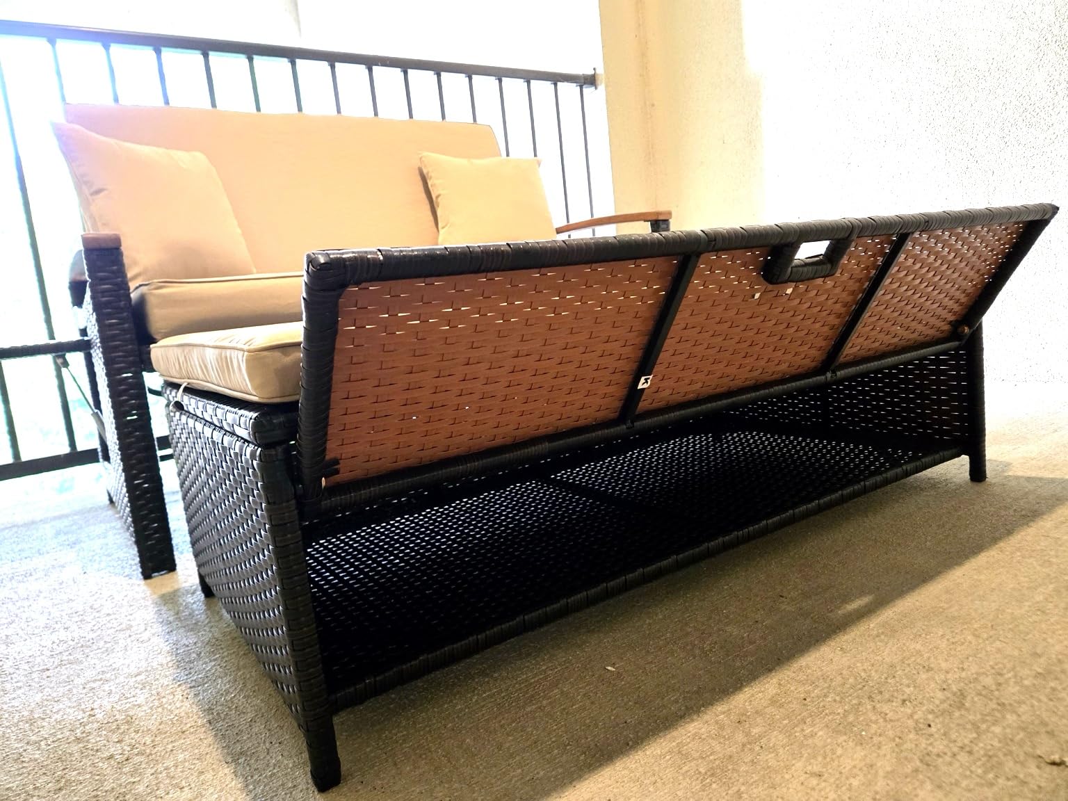 COSTWAY Patio Rattan Daybed, Outdoor Loveseat Sofa with Storage Ottoman | 4-Level Adjustable Backrest & Acacia Wood Armrest, Outdoor Wicker Daybed with Side Panels for Yard, Deck, Poolside (Beige) customer photo 2