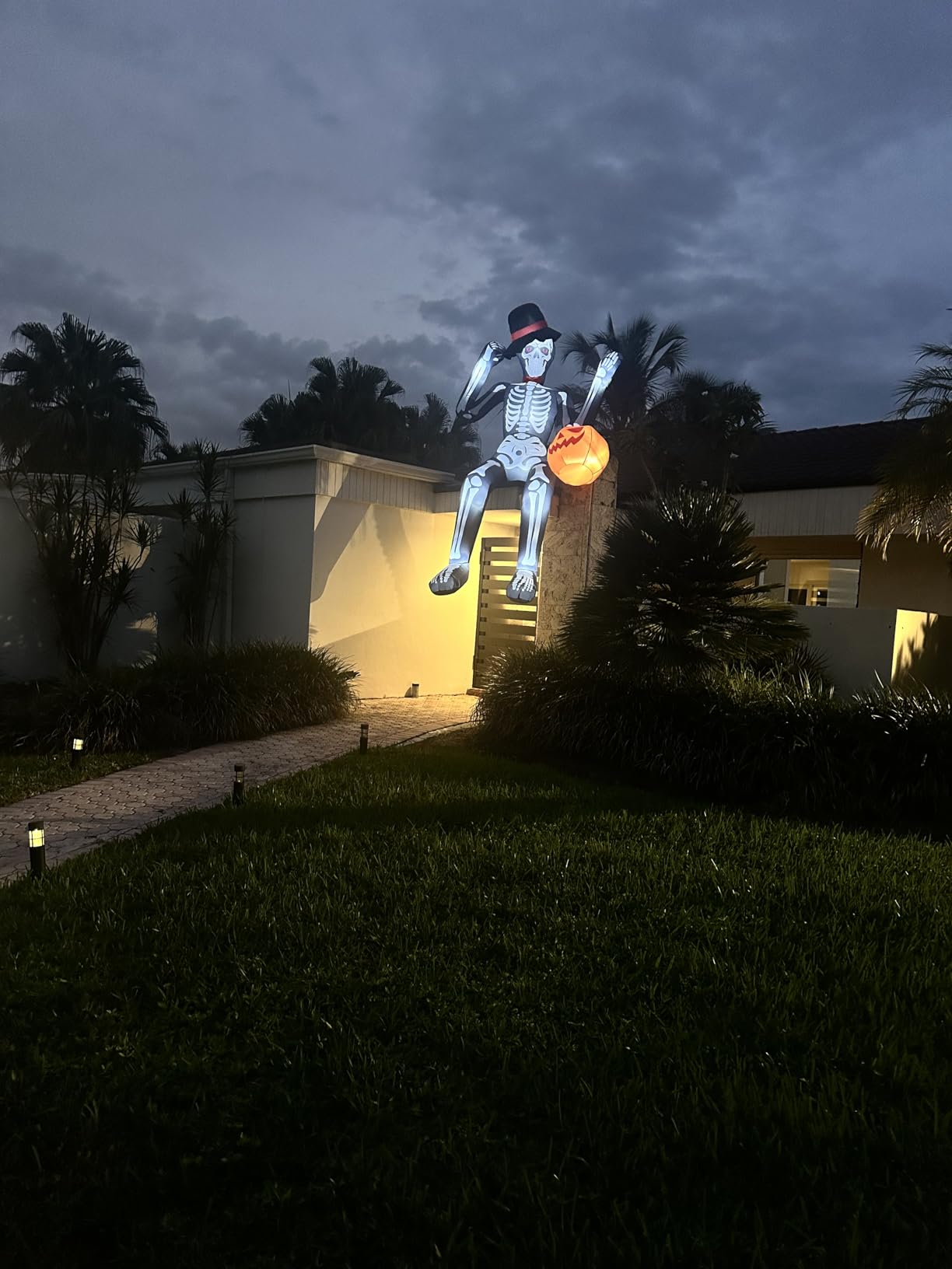 OurWarm 12 FT Halloween Inflatable Outdoor Decoration, Giant Sitting Skeleton Halloween Blow up Yard Decorations with Built-in LEDs, Scary Halloween Inflatables for Roof Balcony Lawn Garden Decor customer photo 1