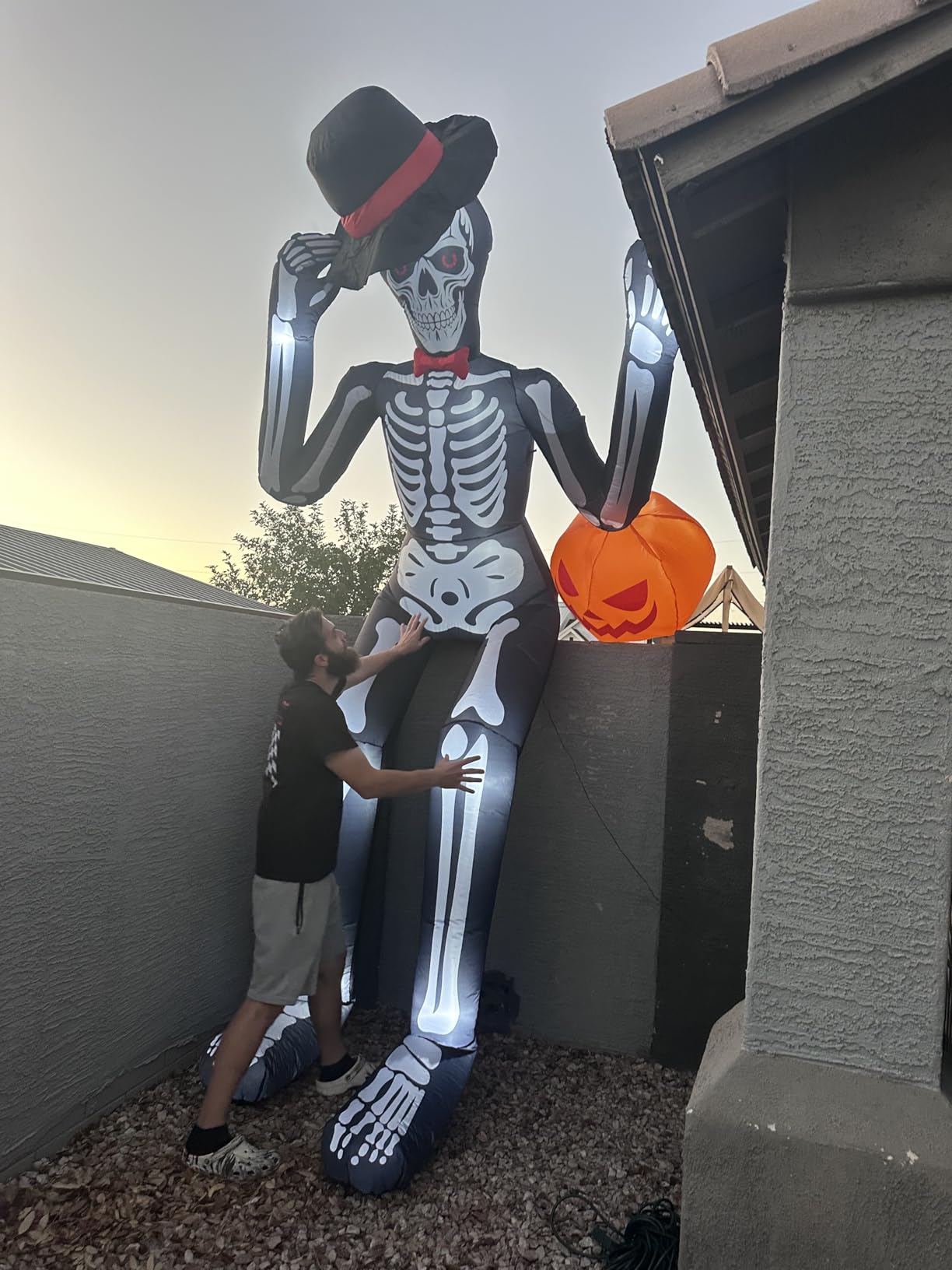 OurWarm 12 FT Halloween Inflatable Outdoor Decoration, Giant Sitting Skeleton Halloween Blow up Yard Decorations with Built-in LEDs, Scary Halloween Inflatables for Roof Balcony Lawn Garden Decor customer photo 2