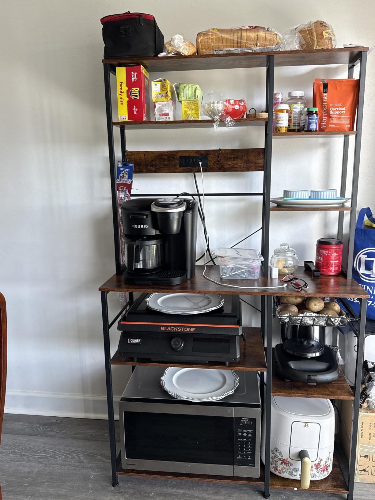 GRUSIGN Kitchen Bakers Rack with Storage, 6-Tier Coffee Bar Station with Power Outlet, Microwave Stand with 12 S-Shaped Hooks, Open Kitchen Storage Shelves for Spices, Pots and Pans, Rustic Brown customer photo 1