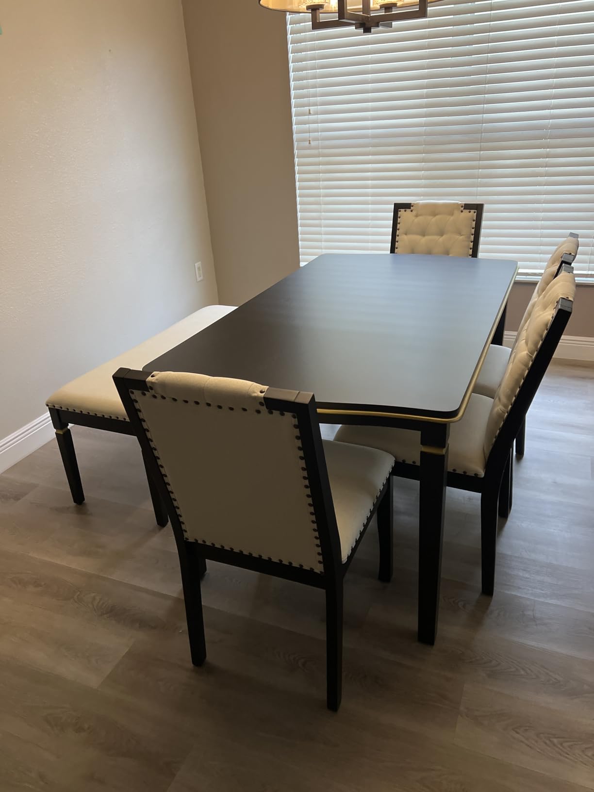 Merax 6-Piece Solid Wood Dining Table Set, Modern Elegant 60 Inch Rectangular with 4 High-Back Tufted Upholstered Chairs and 1 Bench, Espresso customer photo 1