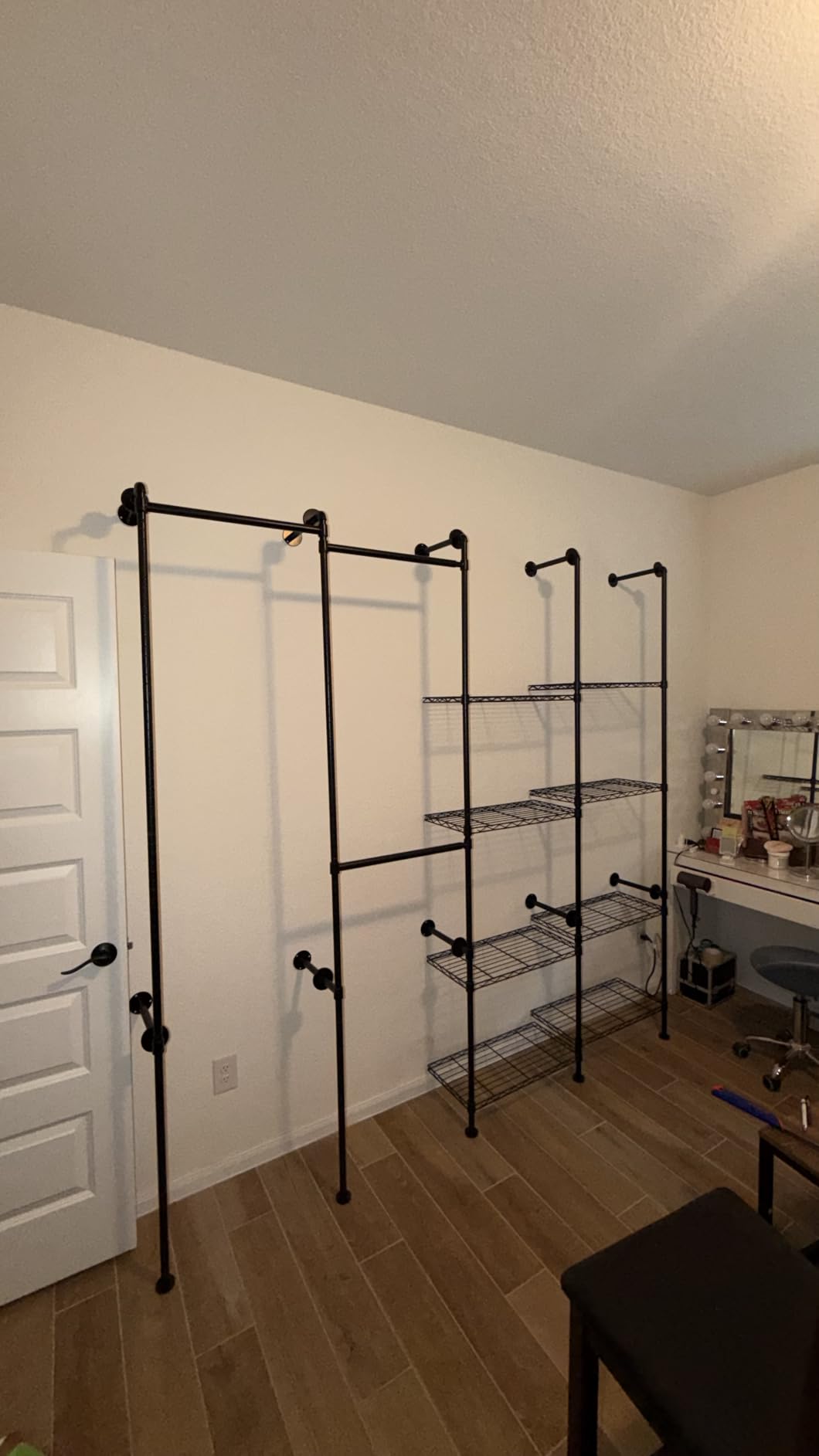 ONBRILL L4 Wall Mounted Heavy Duty Corner Industrial Pipe Clothing Rack | Closet Organizer and Storage System with 6 Hanging Clothes Rods (4 Expandable) & 8 Shelves, Large Wardrobe - Black customer photo 2