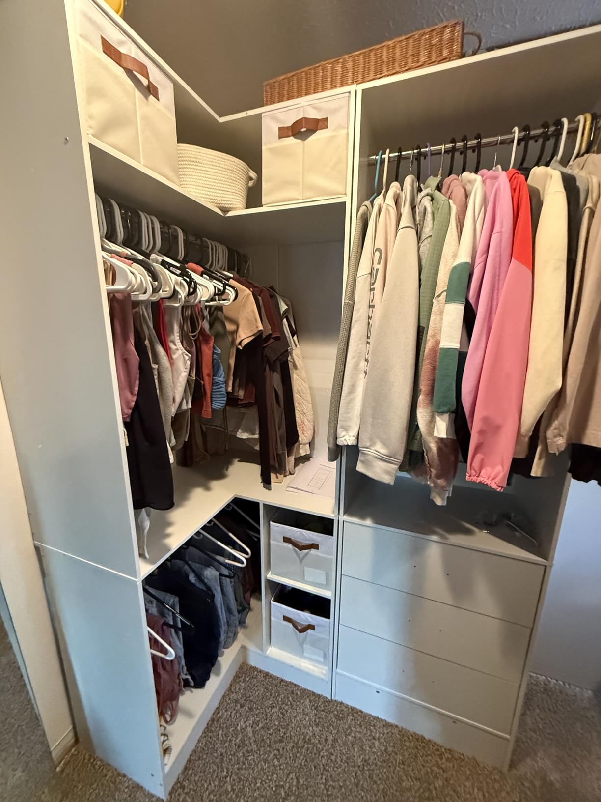 Aheaplus Closet System with 3 Drawers, 2 Hanging Rods & Corner Tower, Corner Closet System with Hanging, L-Shaped Walk-In Wardrobe Organizer, 1300+ lbs Capacity, Set of 2, White customer photo 2