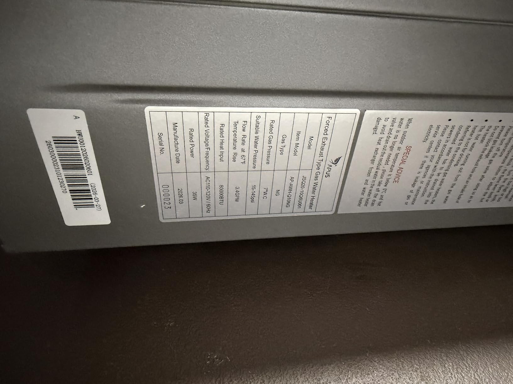 APUS Propane Tankless Water Heater, 95,000 BTU, 4.42 GPM, Indoor customer photo 2