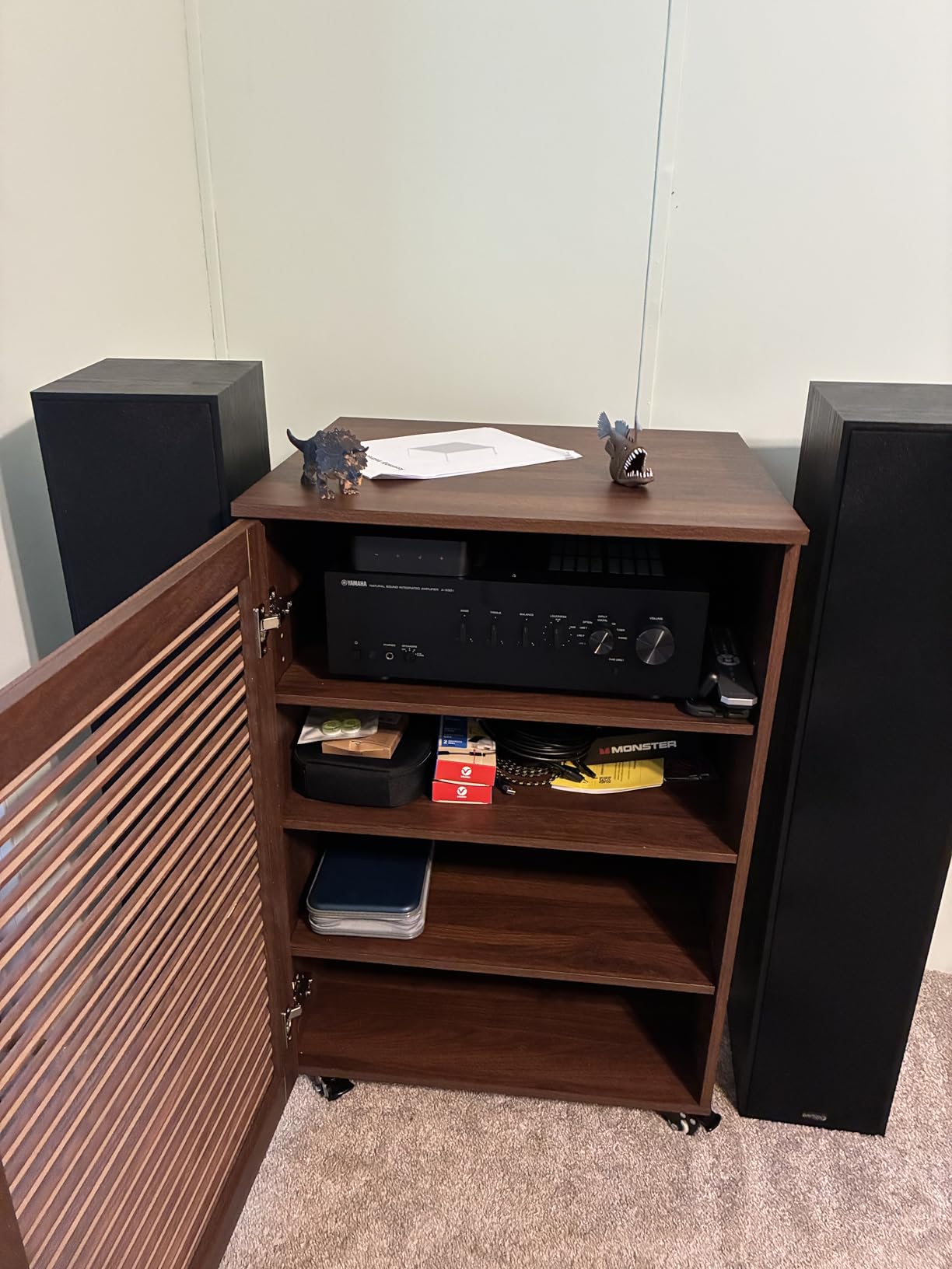 LEVNARY 5-Tier AV Media Cabinet with Grille Door & Adjustable Shelves, Modern Wooden Stereo Rack with Cable Management & Wheels, Audio Video Stand for Living Gaming Room Recording Studio (Walnut) customer photo 2