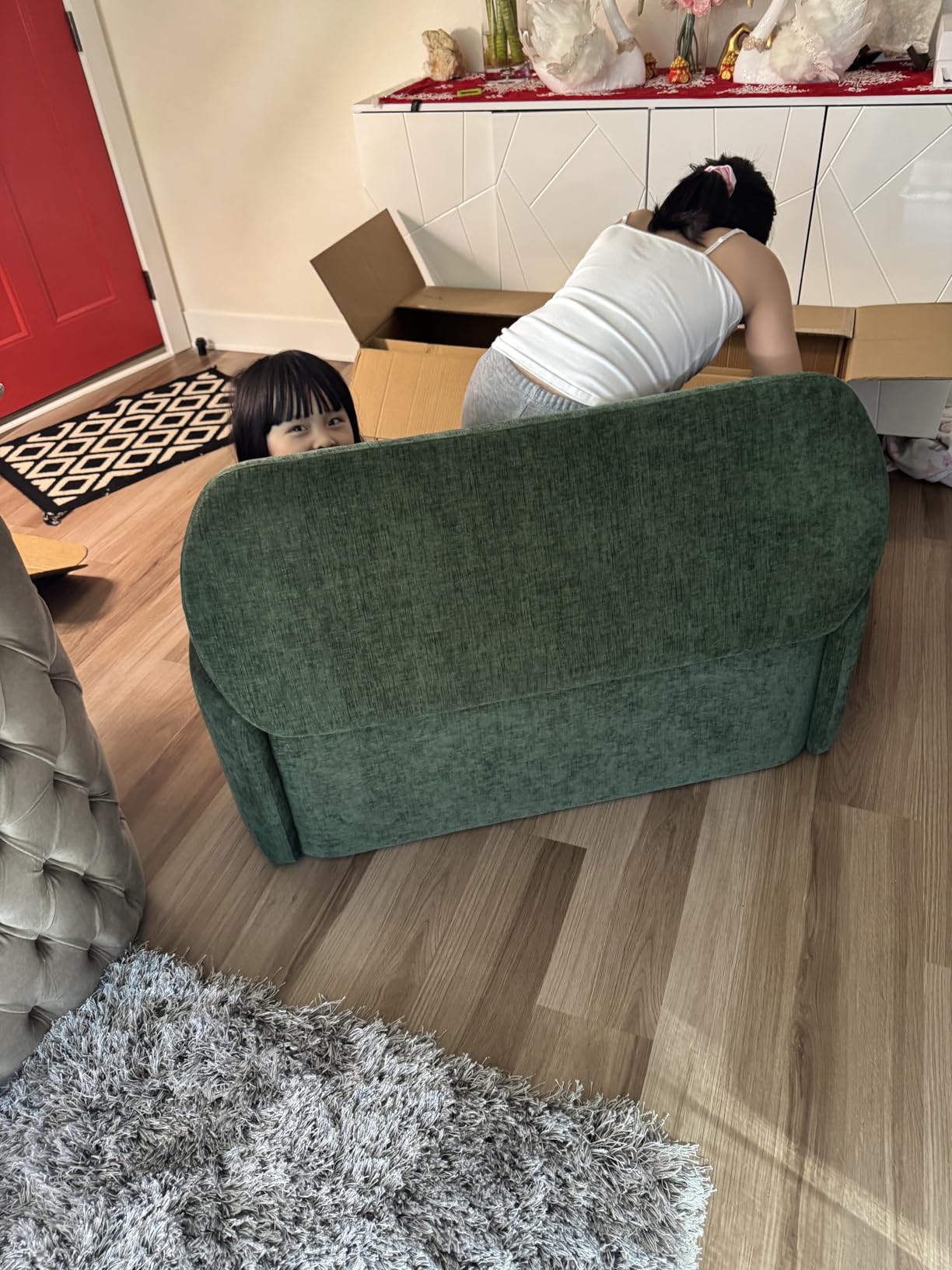 VKNOW Storage Bench, Upholstered Storage Ottoman Bench with Hinge, Khaki | Ottoman Bench with Large Capacity, Curved Frame, Soft Fabric, Storage Bench for Bedroom, Living Room, Entryway customer photo 2