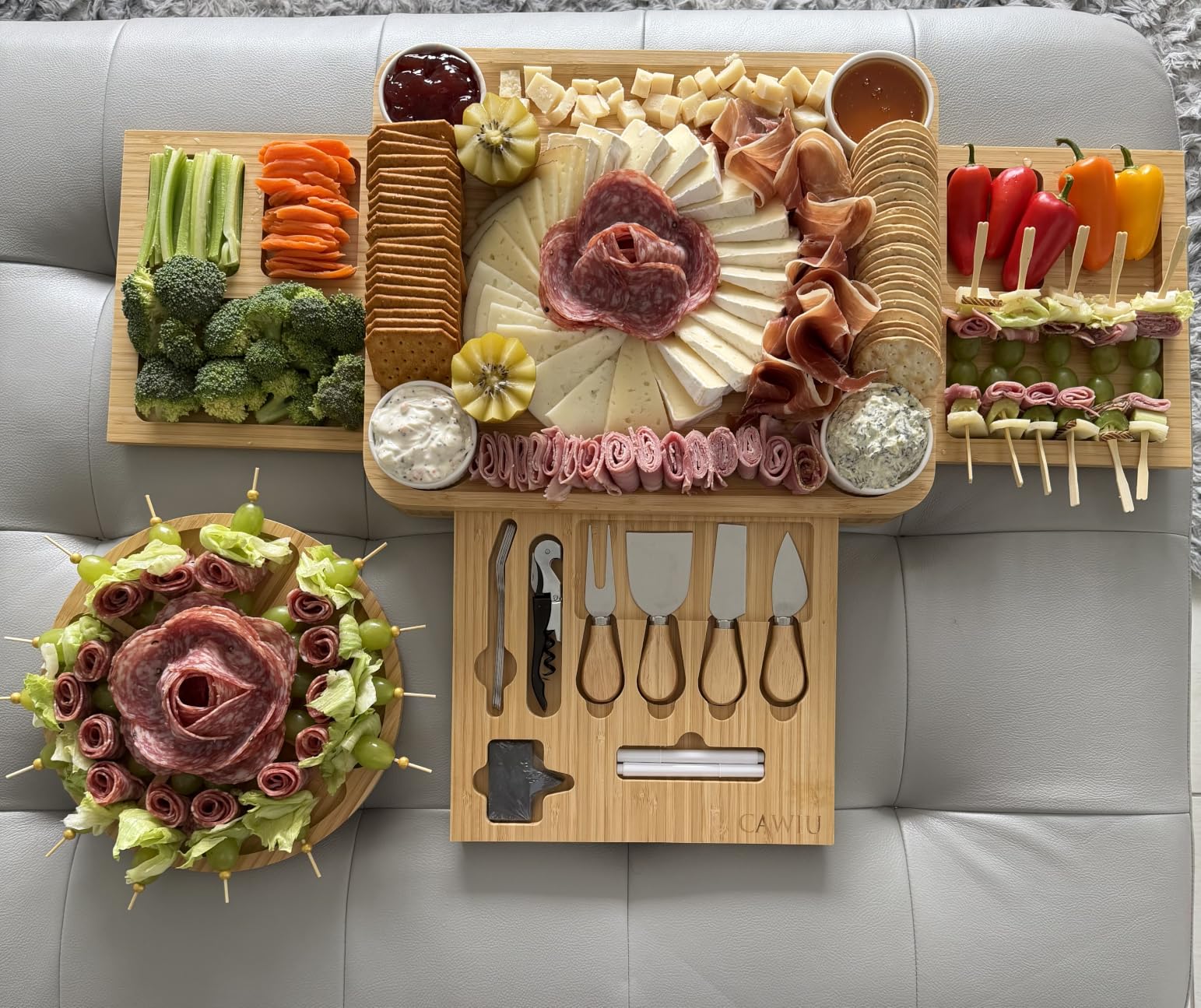 CAWIU Charcuterie Board with Lid - Large Bamboo Cheese Board Set with Utensils & Drawers - Housewarming, Wedding Gifts for Couples, Serving Tray with Cover (Black) customer photo 1