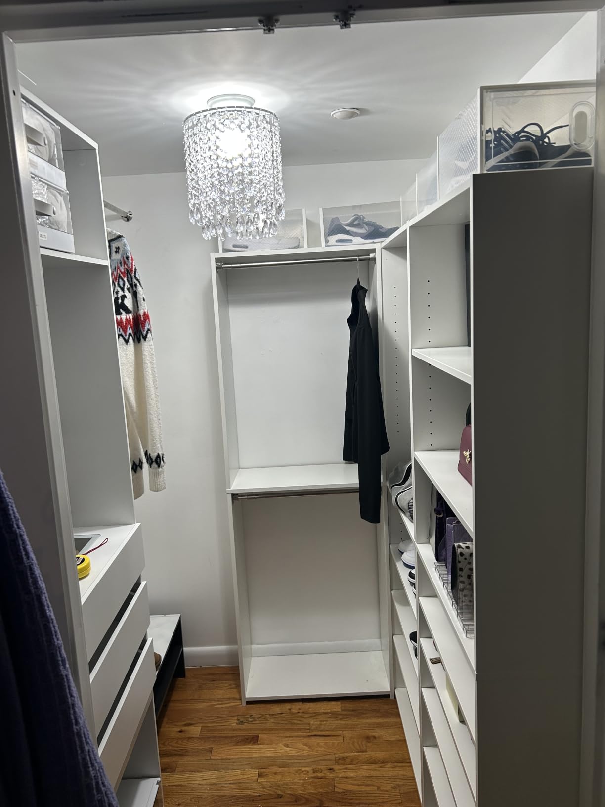 Closet System, 4-8FT Closet Organizer with 3 Wood Drawers & Glass Top, 102'' Walk in Closet with 5 Hang Rods & LED Lights & Trouser Rack, Built-in Wardrobe Clothes Rack with Shelves and Tower, White customer photo 2