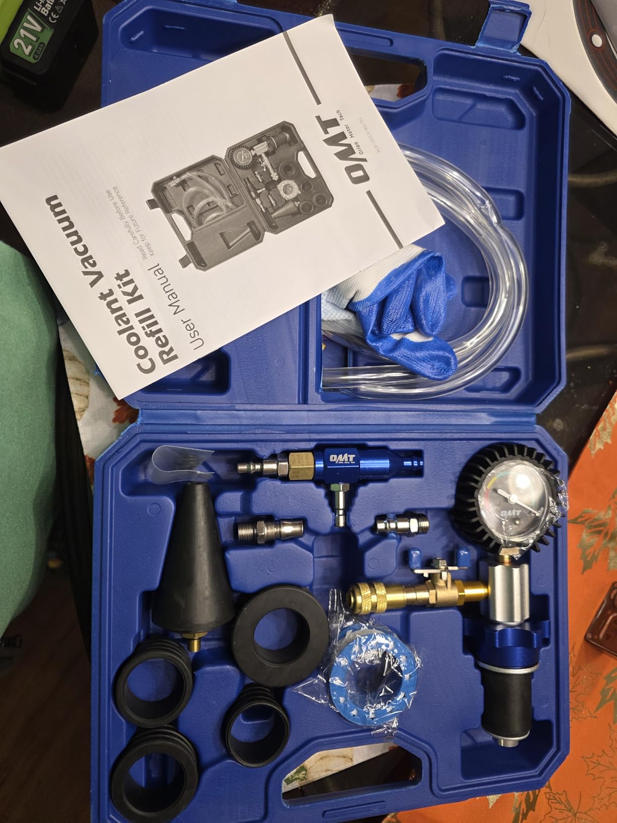 OMT Coolant Vacuum Refill Kit, 13 Pcs Radiator Cooling Tool Set with Hose | Solid Aluminum Alloy Material, Fast Evacuation & Leak Testing, 0 to -30 inHg Gauge, Universal Fit for Auto Mechanics, Blue customer photo 1