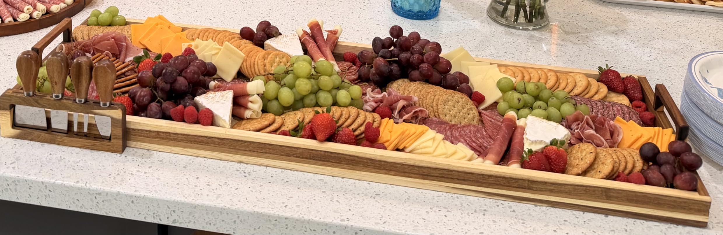 Acacia Wood Large Charcuterie Board 36x12 Inch with Cheese Knife Set | Extra Large Acacia Wood Board with Handles, 30PCS Wax Paper Included, 3ft Long Tray for Party, Picnic and Home Entertaining customer photo 1