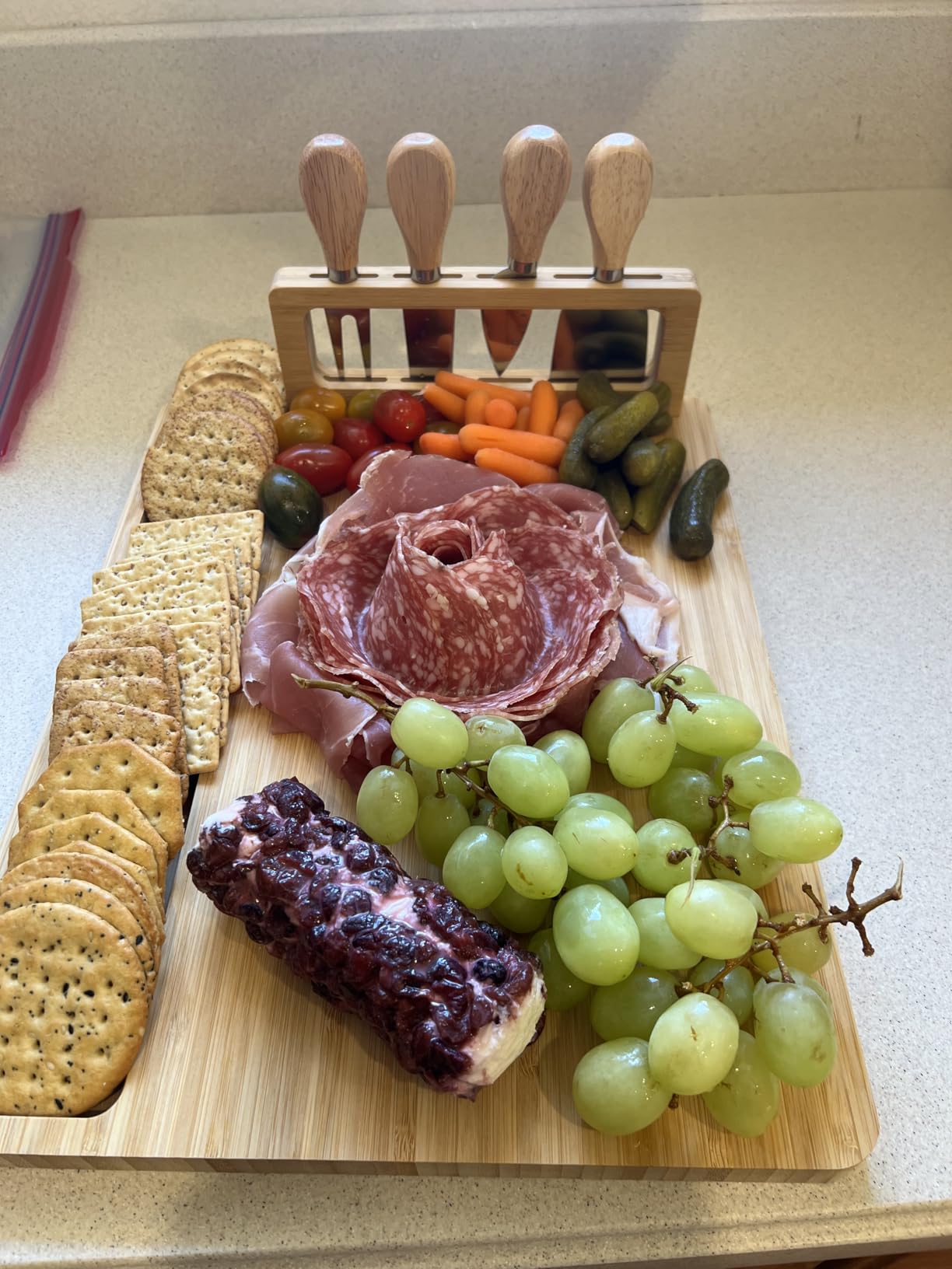 Eese Charcuterie Board Set, 14 x 11 Inch Bamboo Cheese Board with Cheese Knife Set, Deep Groove Serving Tray, Screw-Mount Utensil Holder, Gift for Housewarming & Entertaining customer photo 1