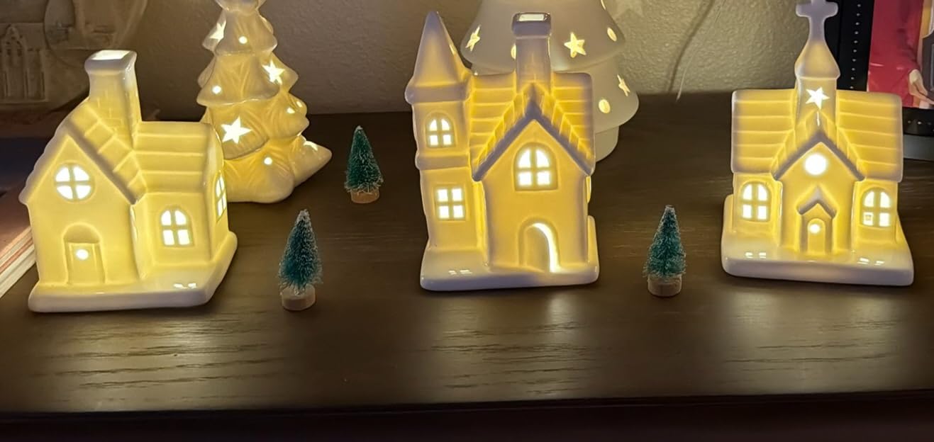 Christmas Decorations Indoor - 11 Pcs Ceramic Christmas Village Set | 3 Lighted Village Houses with 2 Lighted Ceramic Trees and more, LED Tabletop House Figurines Farmhouse Decoration customer photo 2