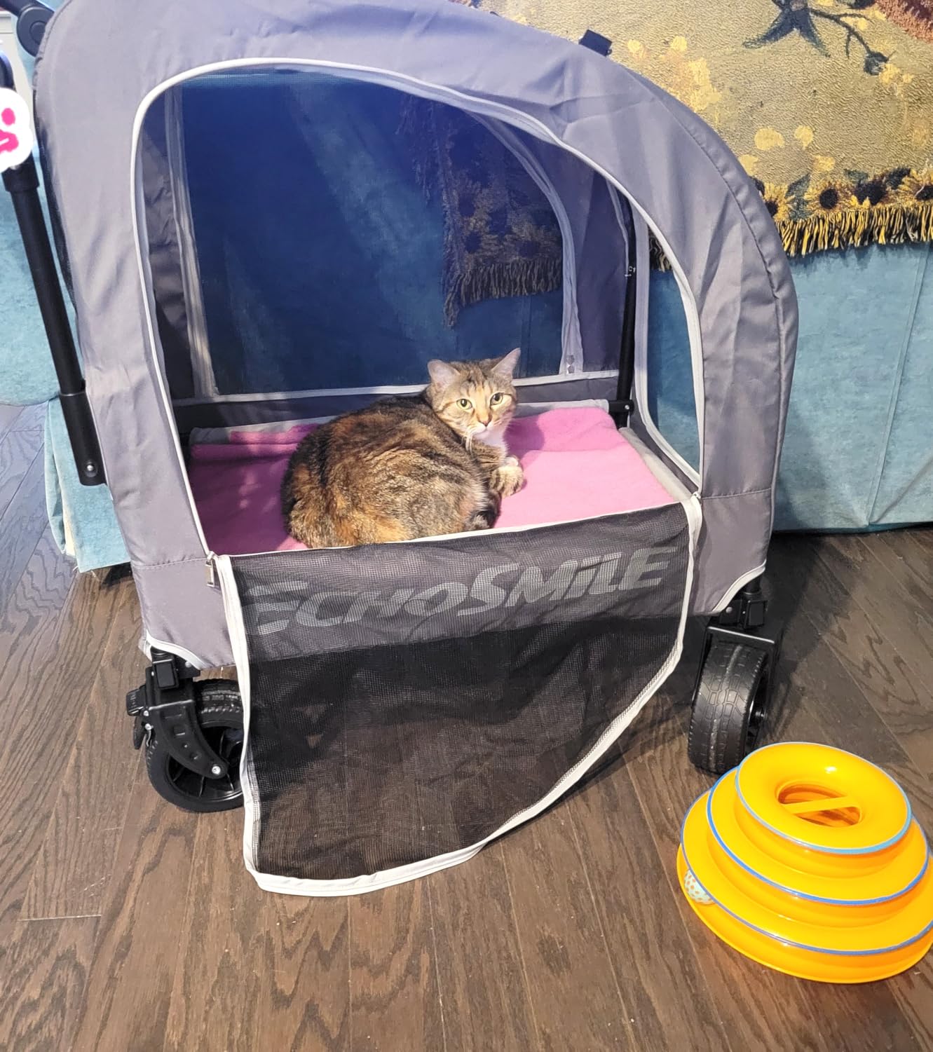 EchoSmile 4-Wheel Pet Stroller for Dogs & Cats, Up to 135 lbs, Grey | Lightweight Carrier, Storage Basket Included, Adjustable Handle, Removable Pad customer photo 2