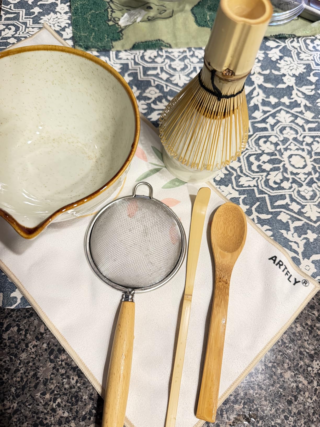 Matcha Set 7 Pcs, Japanese Matcha Kit for Beginners with Ceramic Bowl, Bamboo Whisk, Whisk Holder, Sifter, Chashaku Scoop and Tea Towel, Matcha Tea Set for Home, Latte and Gifts customer photo 1