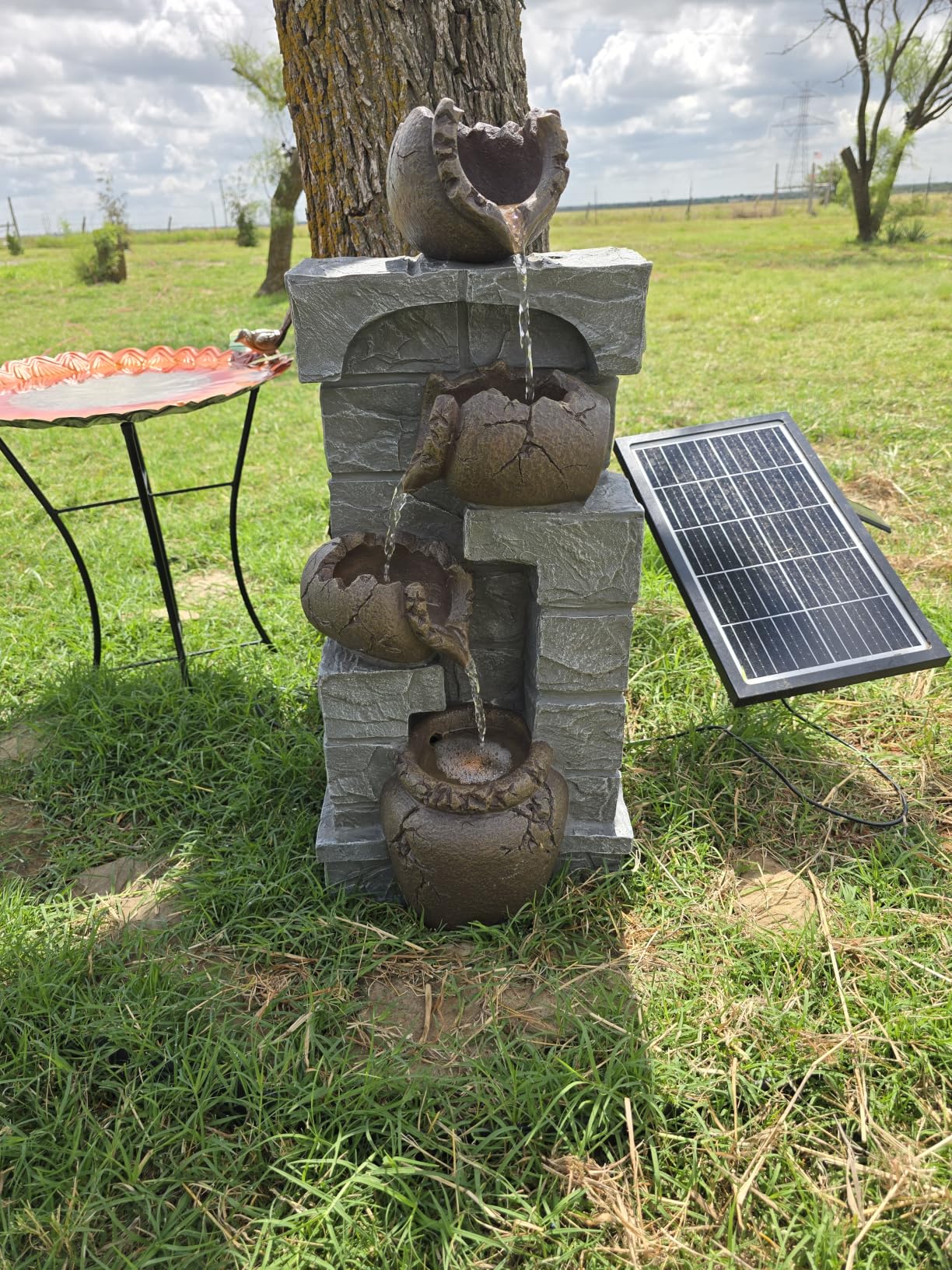 Solar Powered Water Fountain Outdoor, Vintage Cracked Pot & Stone Waterfall Fountain with LED Lights, Relaxing Flowing Water Feature Landscape Decor for Garden, Patio, Yard customer photo 1