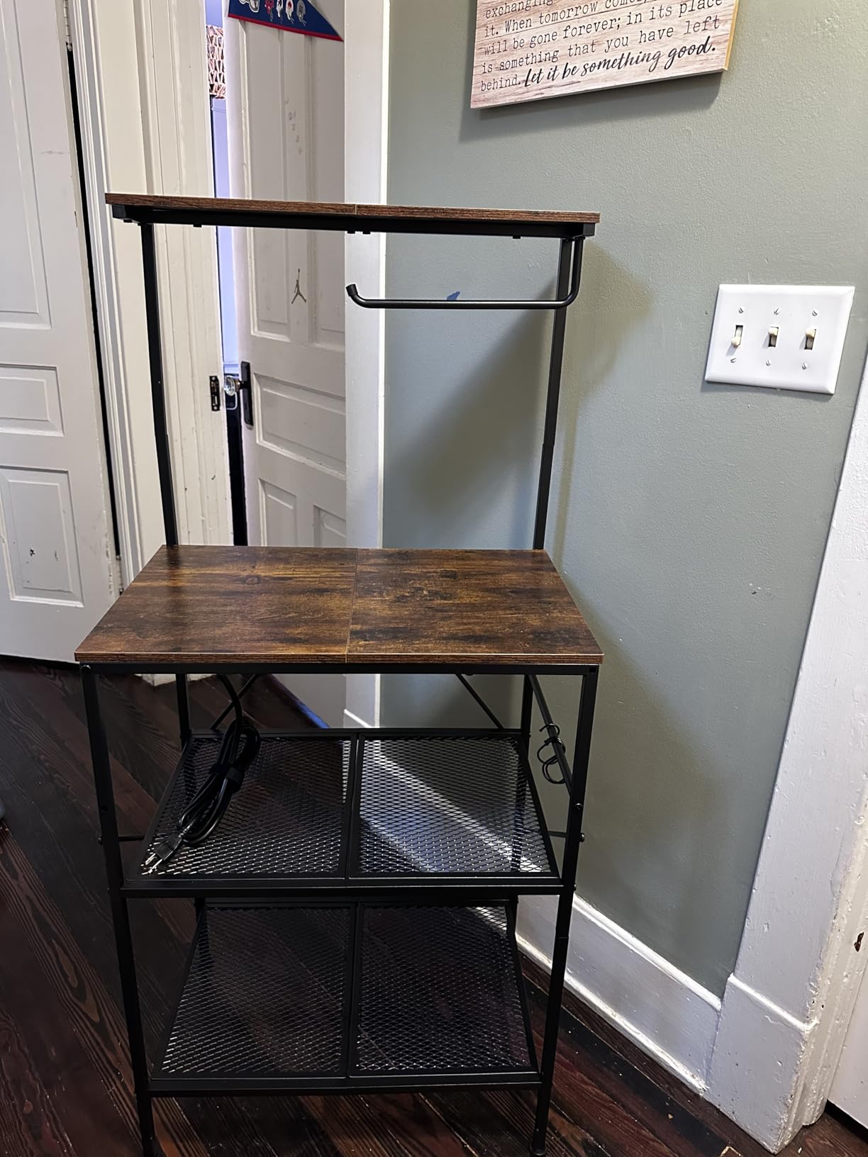 Huuger 4-Tier Bakers Rack with Reversible Power Outlet, 23.6 Inch Microwave Stand, Kitchen Coffee Bar, with Top Shelf, 6 S Hooks, Rustic Brown customer photo 2