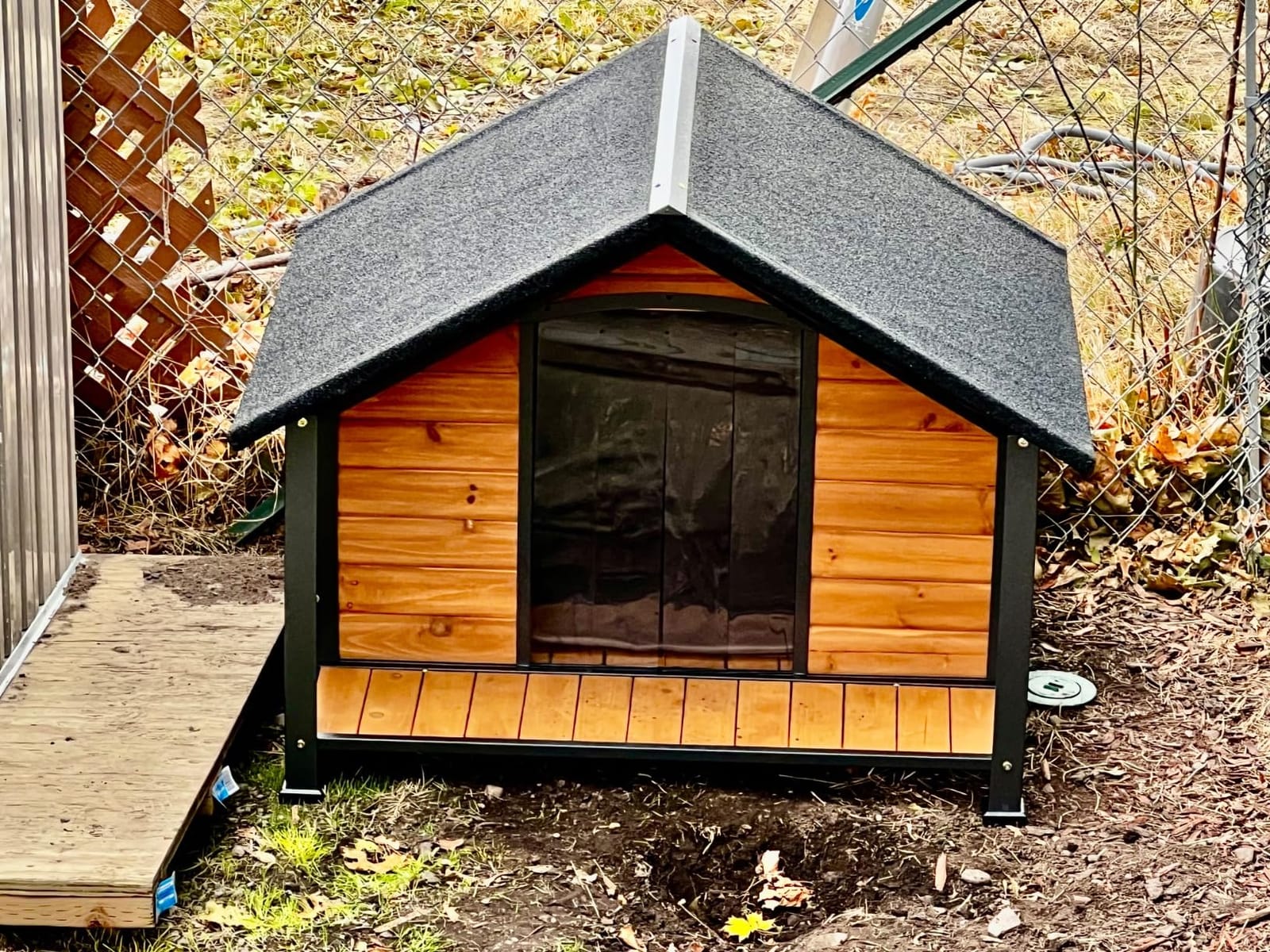 GUTINNEEN Heated Dog House Outdoor with Iron Frame and Rotating Bowls | reinforced iron frame, safety heating pad, insulated liner, 360 degree rotating feeding bowl, asphlat waterproof roof, PVC curtain customer photo 1