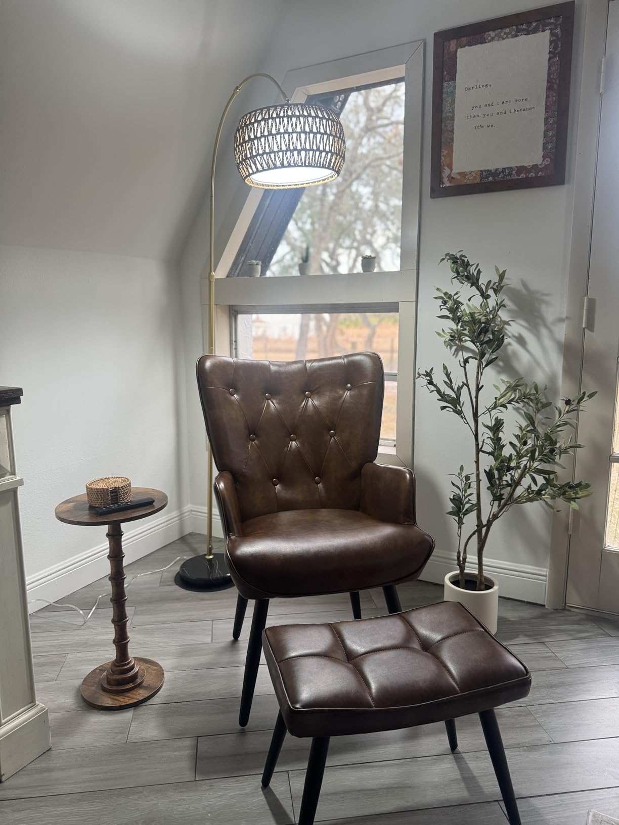 Furniliving PU Leather Accent Chair with Ottoman, Upholstered Reading Chair with High Backrest, Tufted-Button Wingback Armchair for Bedroom, Dressing Room, Home Office, Brown customer photo 1