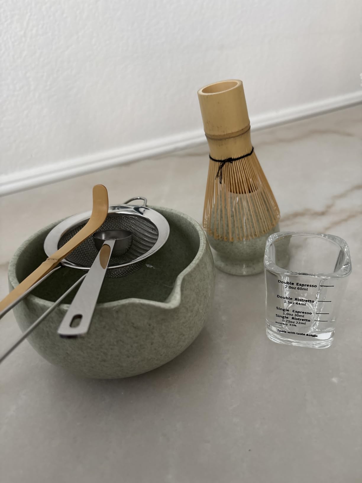 YIBO Matcha Whisk Set With Bowl, Ceramic Matcha Making Kit Includes Bamboo Whisk (Chasen), Holder Stand, Powder Starter Sifter, Scoop, Measuring Spoon & Cup Tea Tools For Ceremony (Mottled Green) customer photo 1
