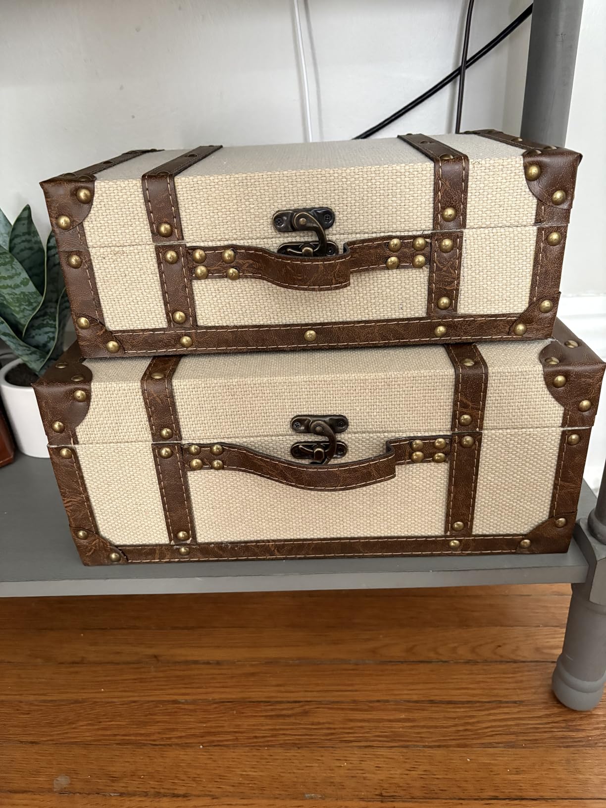 DDECOR4SEASON Set of 2 Decorative Vintage Storage Trunks, Natural Canvas Wrapped Wood Keepsake Boxes with Faux Leather Trim and Antique Accents, Stackable Nesting Chests for Home Décor customer photo 1