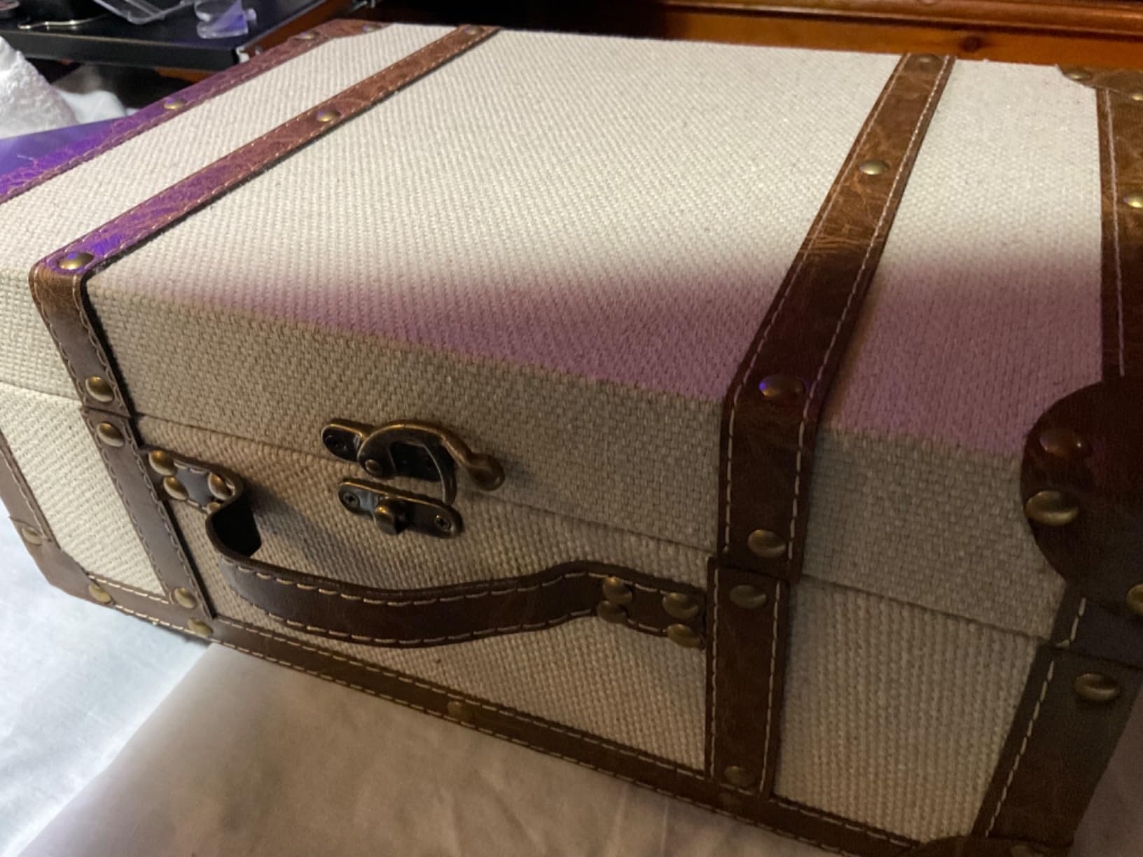 DDECOR4SEASON Set of 2 Decorative Vintage Storage Trunks, Natural Canvas Wrapped Wood Keepsake Boxes with Faux Leather Trim and Antique Accents, Stackable Nesting Chests for Home Décor customer photo 2