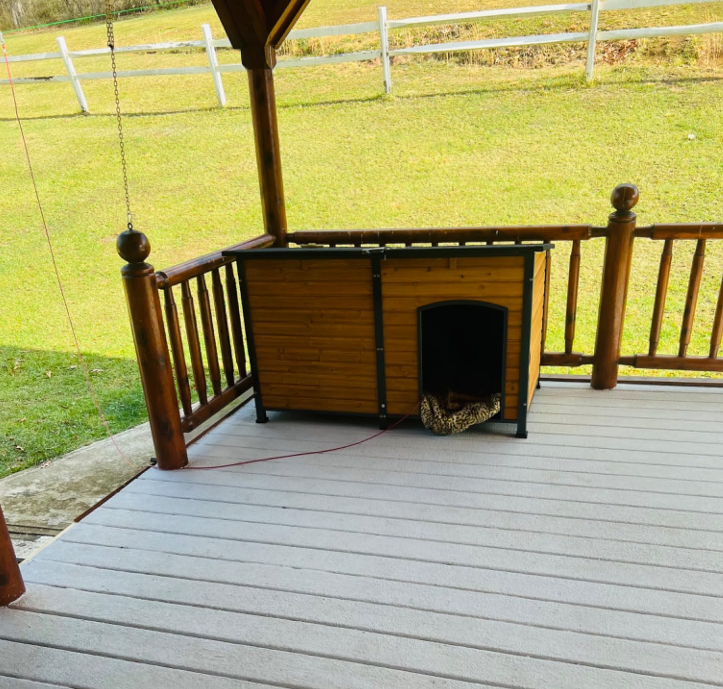 GUTINNEEN Heated Dog House Outdoor Insulated Dog Kennel with Heater, Durable Metal Frame, Chew-Resistant Cord, 6-Sided Thermal Liner, PVC Door Curtain for Winter (Brown) customer photo 2
