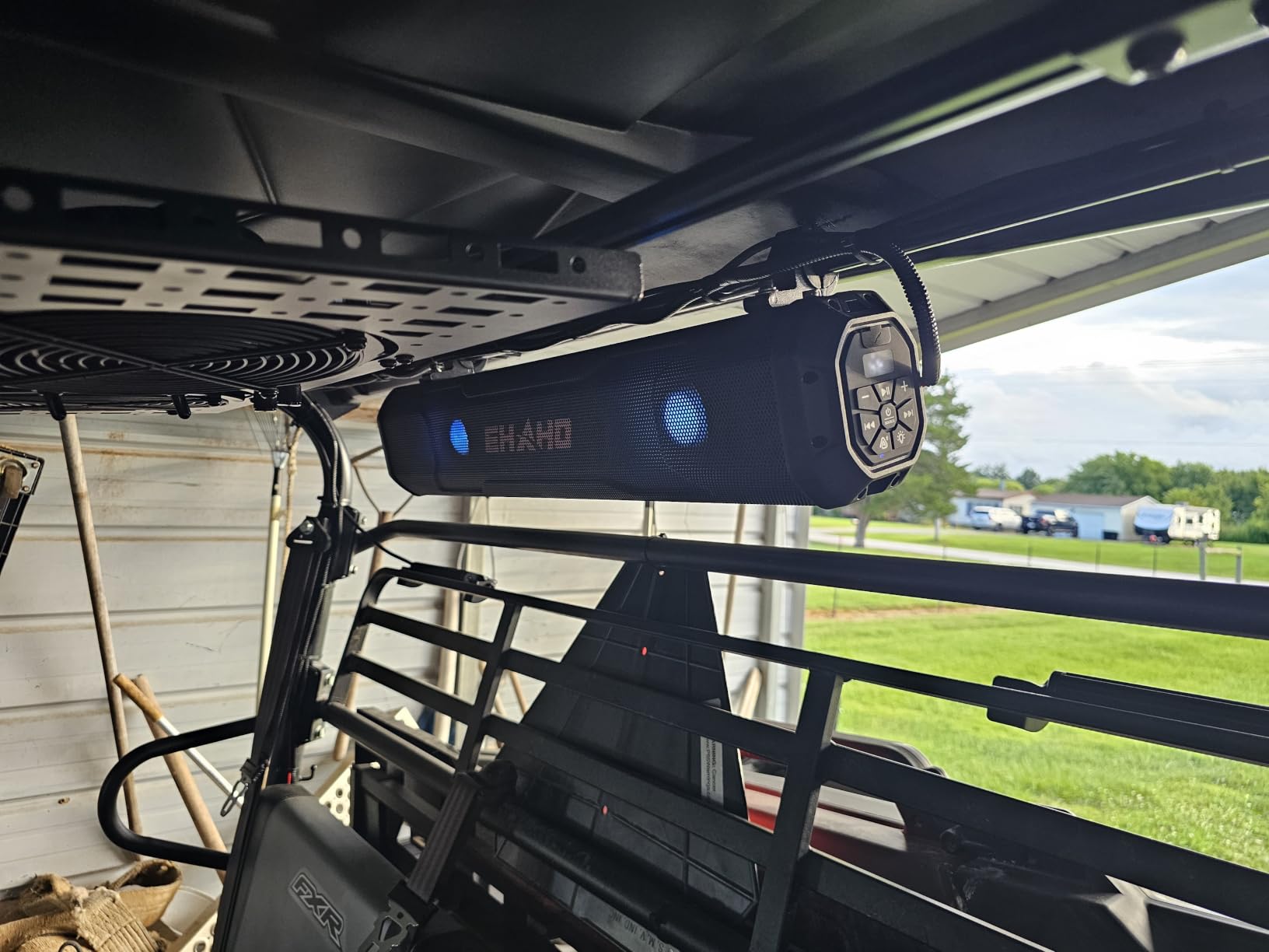 Ehaho 17'' UTV Sound Bar, Golf Cart Speaker Bluetooth with RGB Party Lights | 4-Speaker SXS SoundBar, IP66 Waterproof ATV Speaker System with EQ, Party Mode, RF Remote, AUX for Polaris RZR CFmoto Can-Am customer photo 2