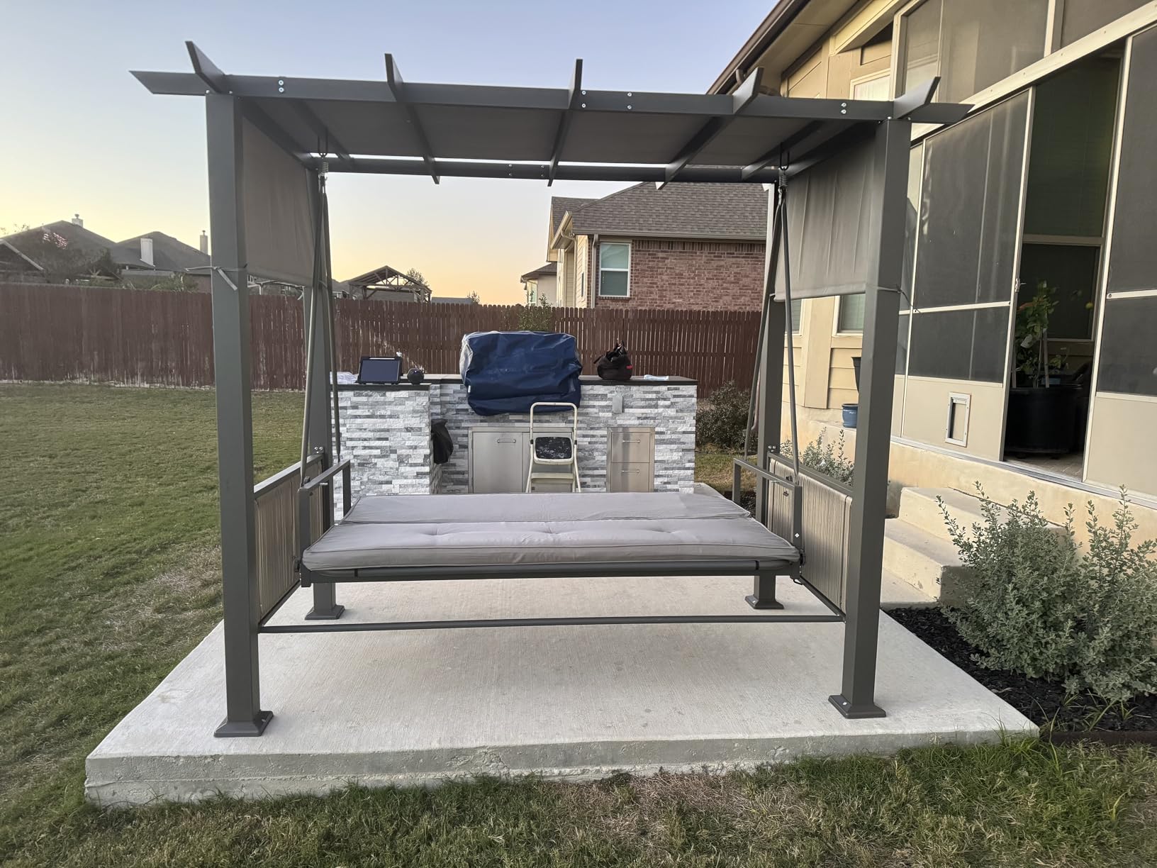 Pamapic 3-Seat Porch Swing with Stand, 990 LBS 2 in 1 Convertible Bed Patio Swings with Canopy Adjustable, Wicker Side Panel Swing Chair Outdoor with Cushion customer photo 1