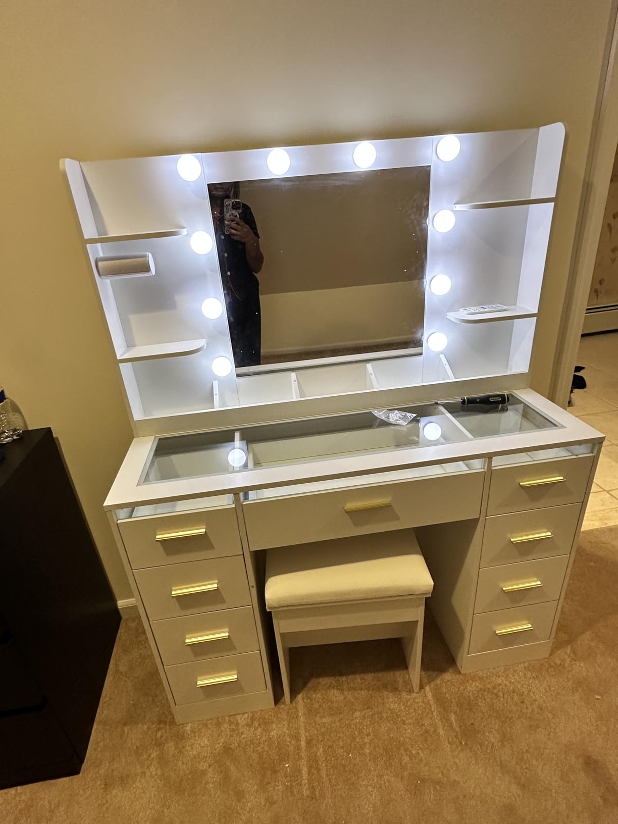 ANWBROAD Large Vanity Desk with Mirror and Lights & Transparent Glass Top | 3 Colors Makeup Vanity Table Set with 9 RGB Drawers, Power Outlet, White Vanity Stool and 4 Shelves for Bedroom Women customer photo 1