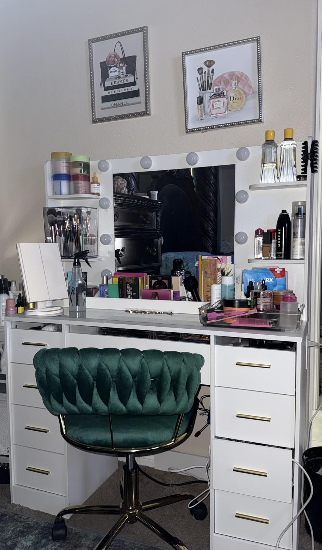 ANWBROAD Large Vanity Desk with Mirror and Lights & Transparent Glass Top | 3 Colors Makeup Vanity Table Set with 9 RGB Drawers, Power Outlet, White Vanity Stool and 4 Shelves for Bedroom Women customer photo 2