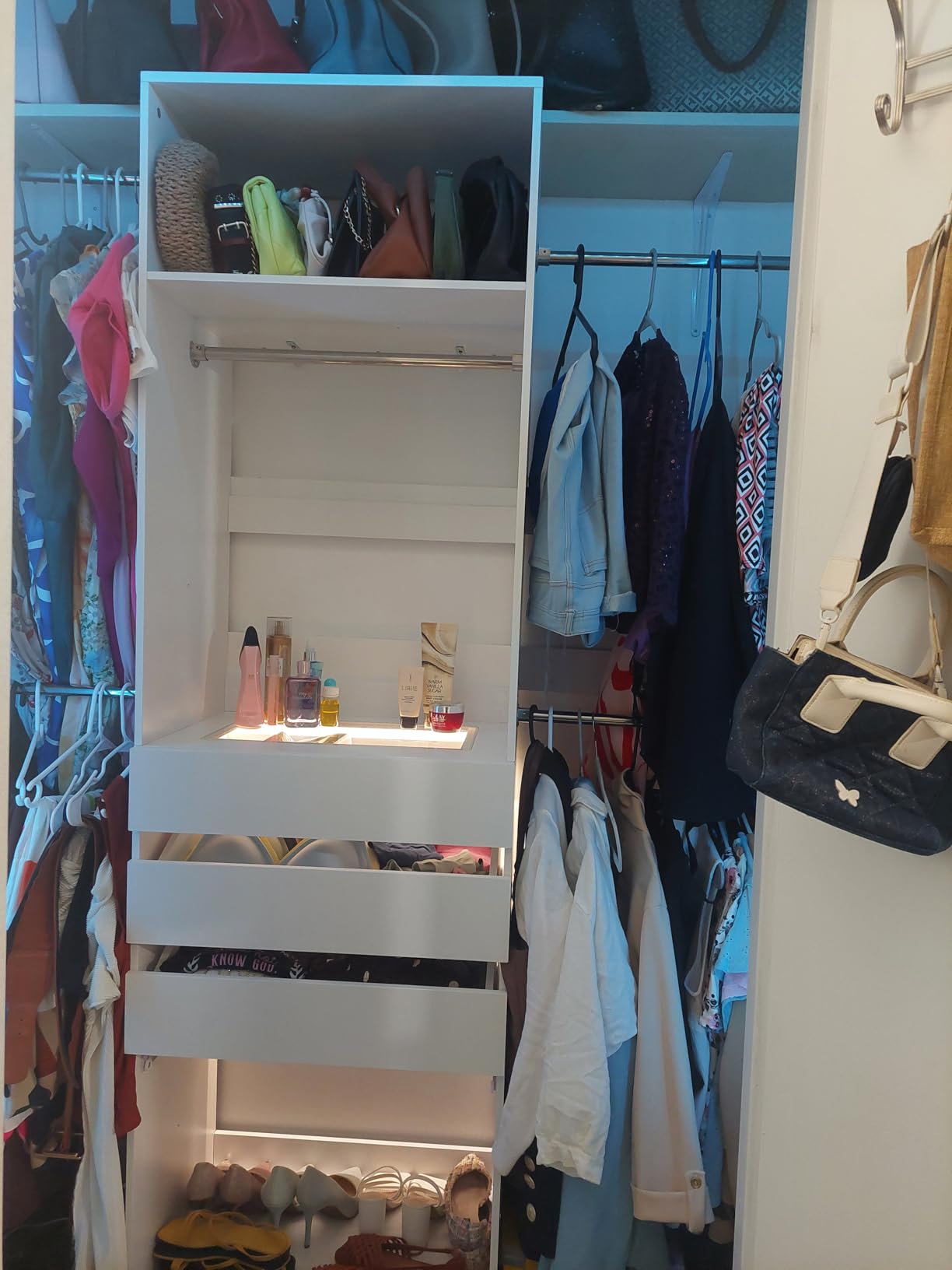Closet System, 5.7-10.4FT Closet Organizer System with 6 Wood Drawers & LED Glasstop, Wood Walk-in Closet with 10 Hanging Rods & Trouser Rack, Built-in Wardrobe Garment Rack with Shelves & Tower, White customer photo 1