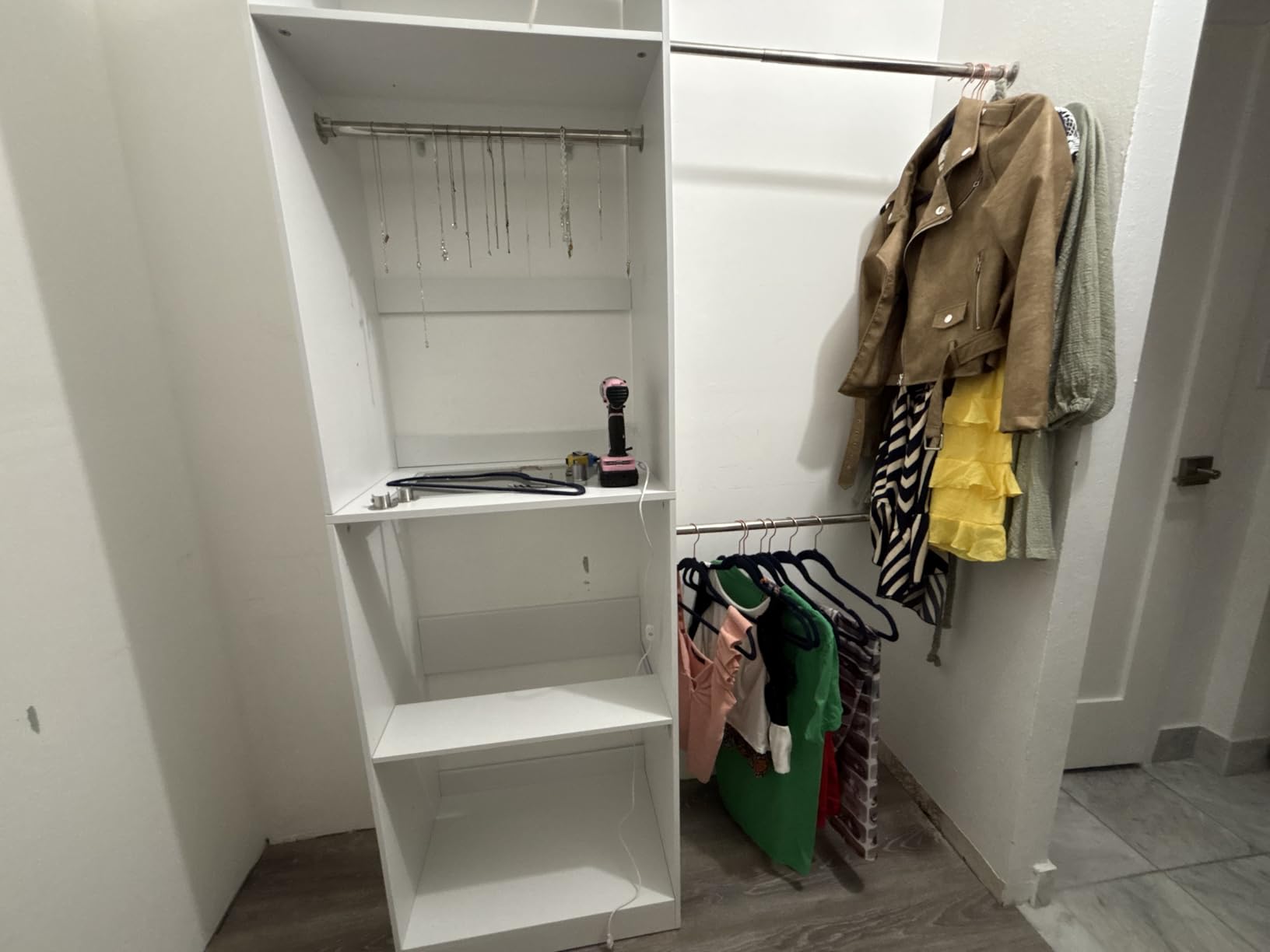 Closet System, 5.7-10.4FT Closet Organizer System with 6 Wood Drawers & LED Glasstop, Wood Walk-in Closet with 10 Hanging Rods & Trouser Rack, Built-in Wardrobe Garment Rack with Shelves & Tower, White customer photo 2