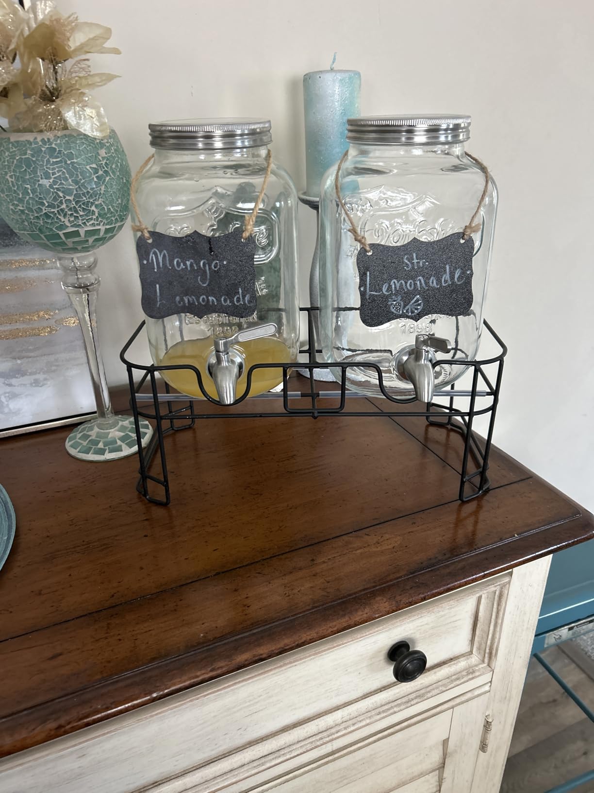 KIKCOIN 1 Gallon Glass Drink Dispensers for Parties, 2 Pack Leakproof Beverage Dispenser with Stand & 18/10 Stainless Steel Spigot & Filter -for Lemonade, Juice, Sun Tea, Punch- ALL DISHWASHER SAFE customer photo 2