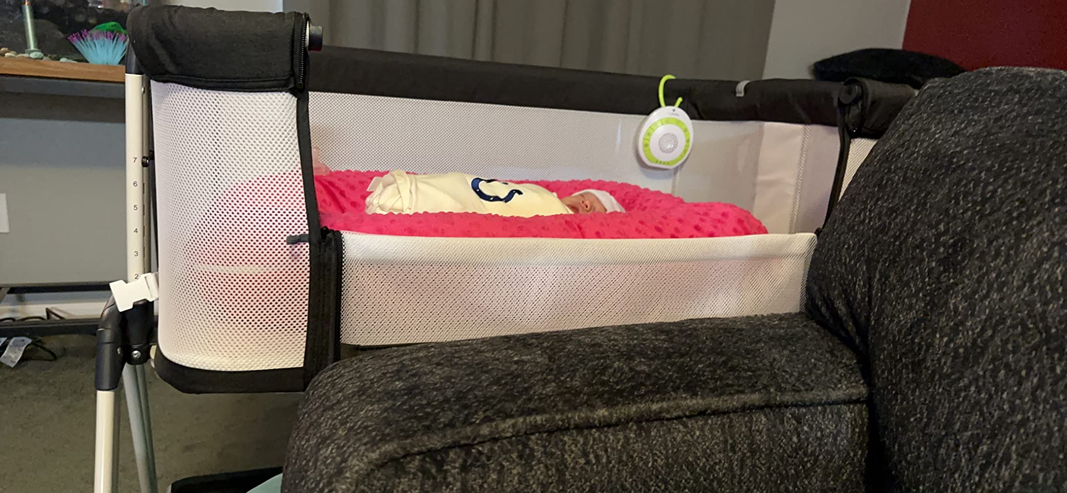 Fodoss Baby Bassinets Bedside Sleeper - 3-in-1 Stable Bassinet for Newborns | Soft Mattress, Storage Tray, Full-Mesh Sides, 7-Height Adjustable Bassinet Crib with Wheels, Side Pocket, Beige + Wood Grain customer photo 1