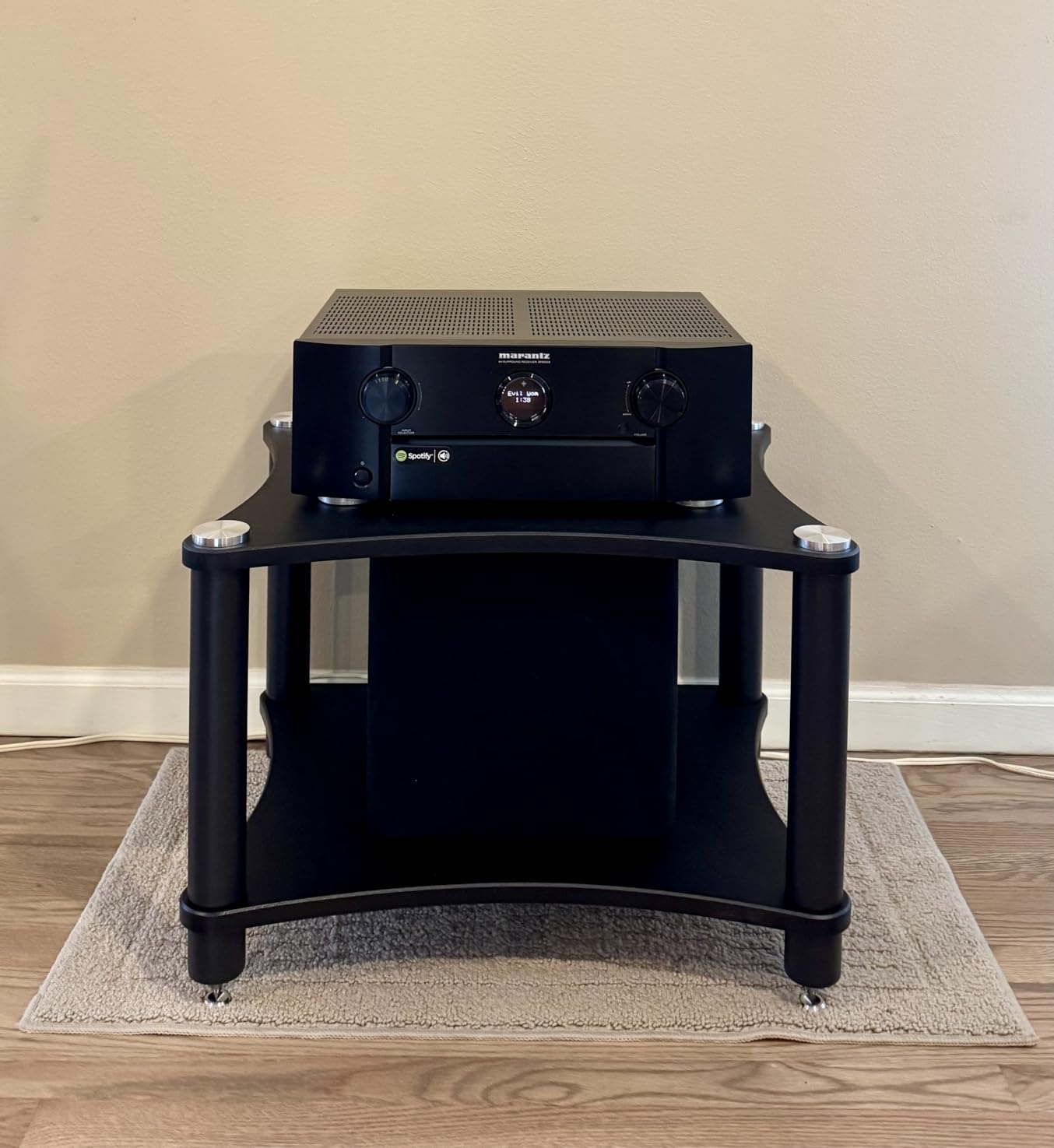 Heavy Duty 3-Tier AV Media Stand, 264 lb Load Capacity, Black | anti-vibration feet that help reduce resonance for clearer sound, open ventilation, cable management, Built for Hi-Fi systems customer photo 2