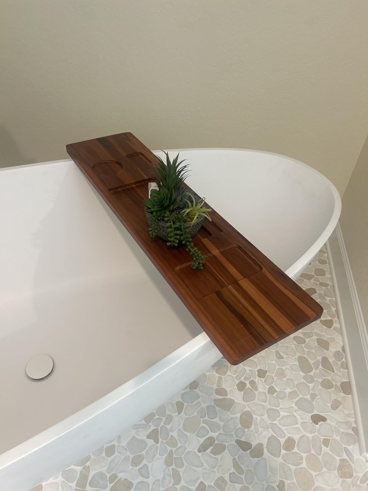 35 Inch Teak Bathtub Tray for Freestanding Tubs, Luxury Bath Caddy | Heavy-Duty Non-Slip Zero-Wobble Design, Water-Resistant Spa Organizer with Wine Glass & Phone Holder customer photo 2
