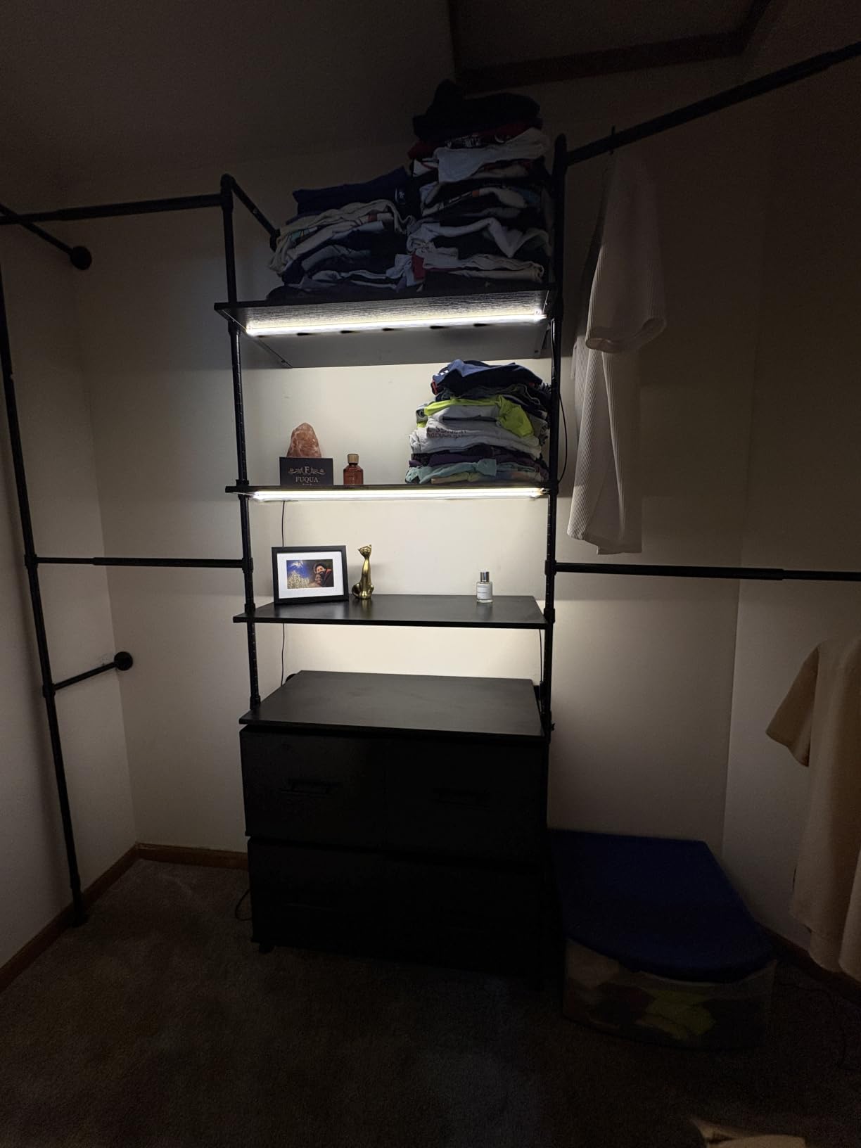 ONBRILL T3 Closet System with Stepless Dimmable LED Light & 4 Large Drawers | Adjustable from 6'6'' to 8'11'', Heavy Duty Industrial Pipe Clothing Rack with 6 Wooden Shelves & 4 Telescopic Rods, Black customer photo 2