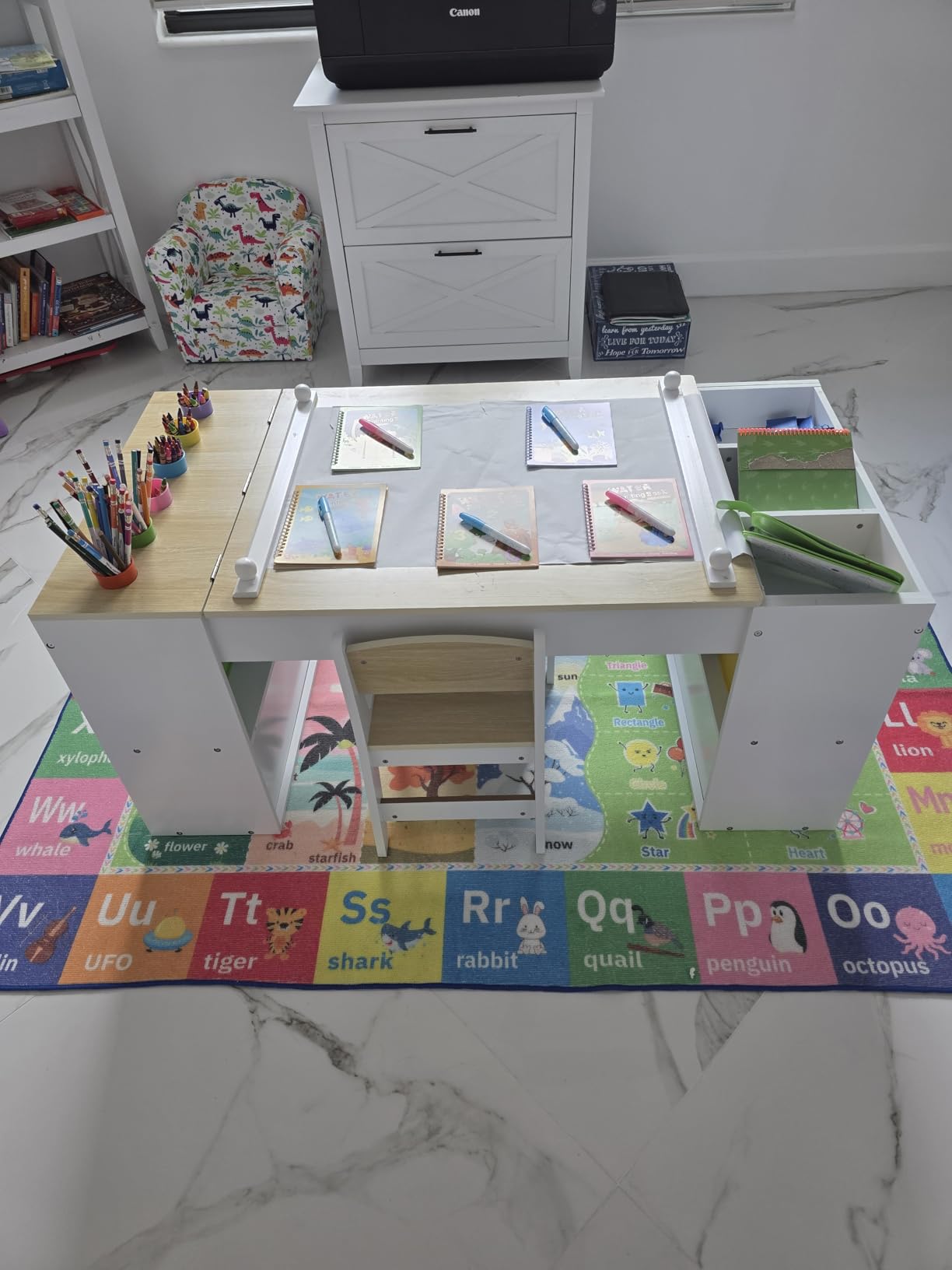 Kids Art Table and 2 Chairs Set, Wooden Craft Desk with 2 Storage Shelves, 6 Storage Bins & Paper Roll for Drawing, Learning and Reading customer photo 1